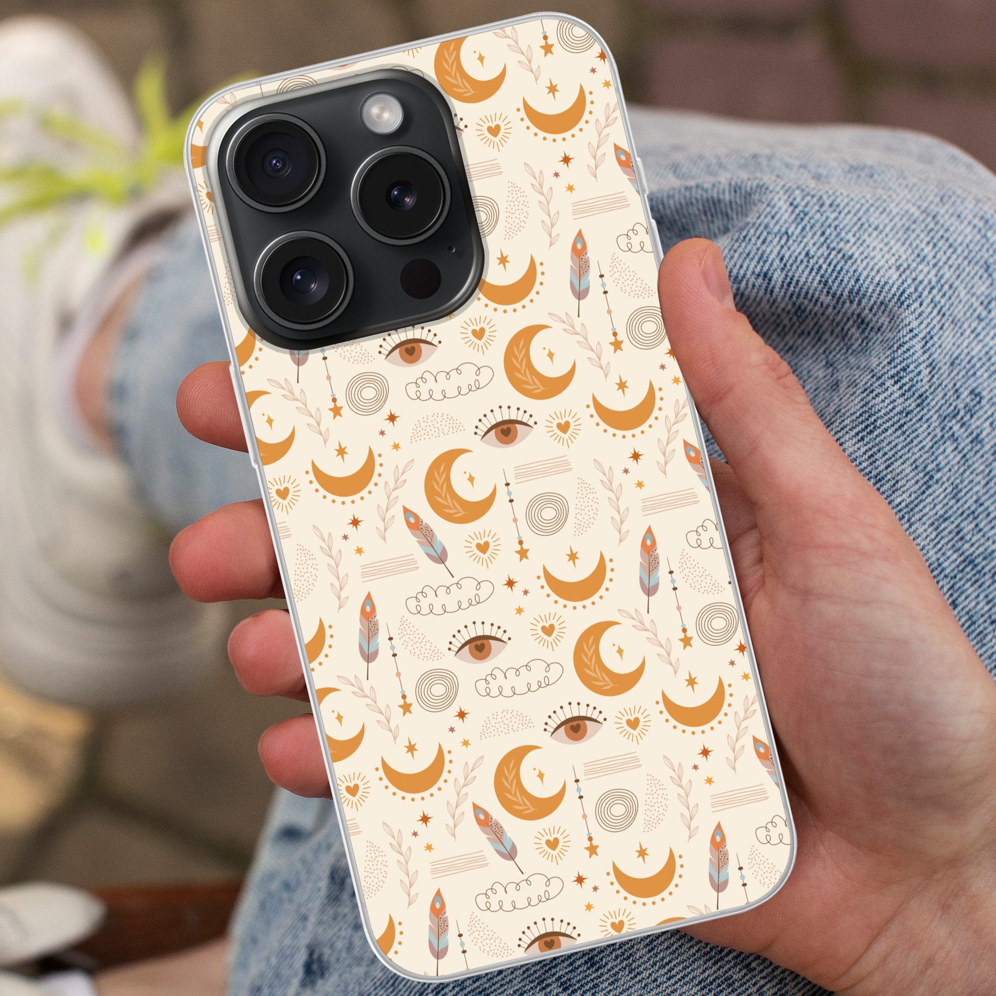 MuchoWow Handyhülle für Apple iPhone 15 Pro Boho - Druck - Augen - Mond - Federn - Beige, Smartphone-Bumper, Print, Handy Schutzhülle Dünn