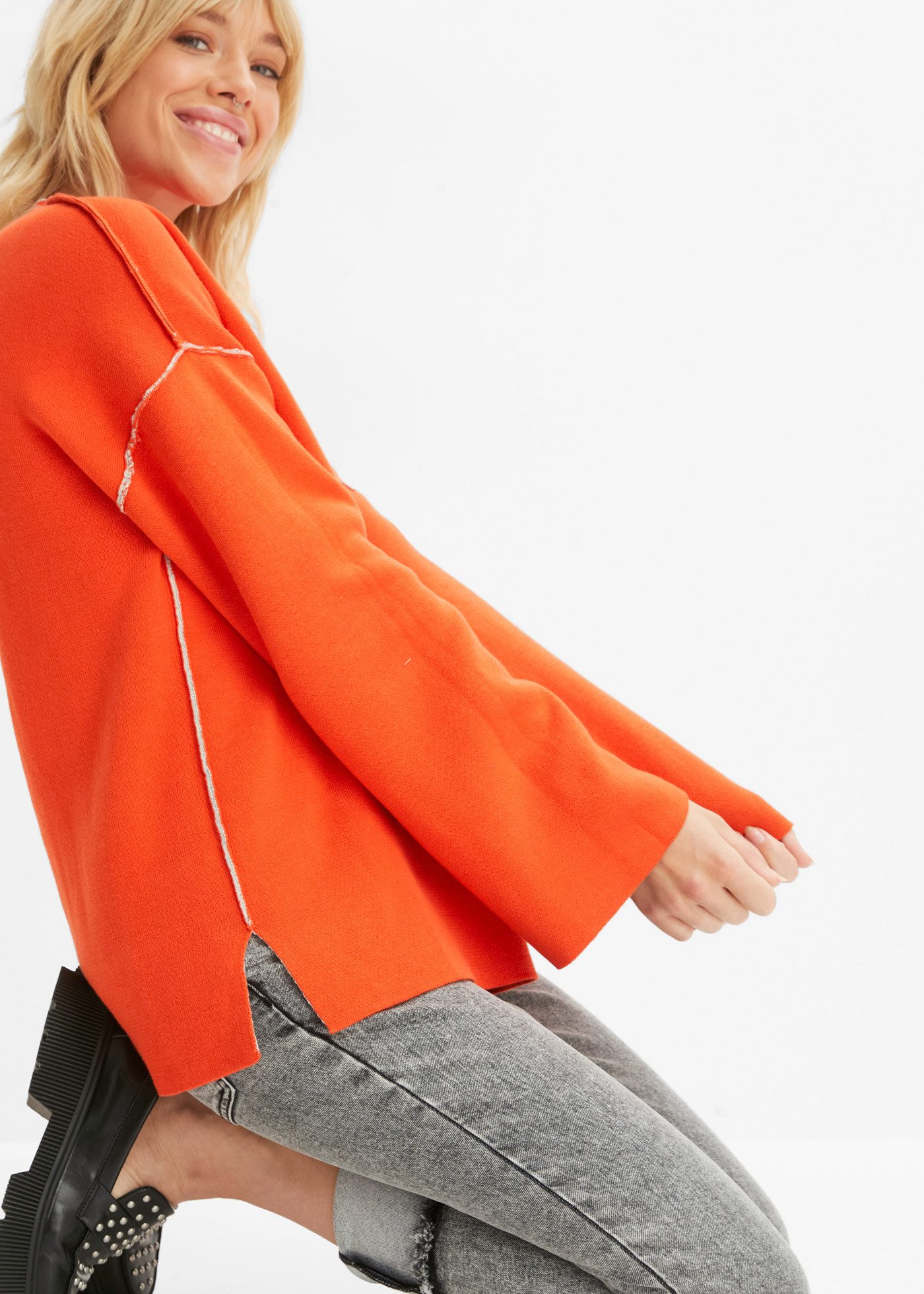 bonprix Strickpullover aus Feinstrick, Stehkragen, toller Wende-Pullover, Oversized-Passform
