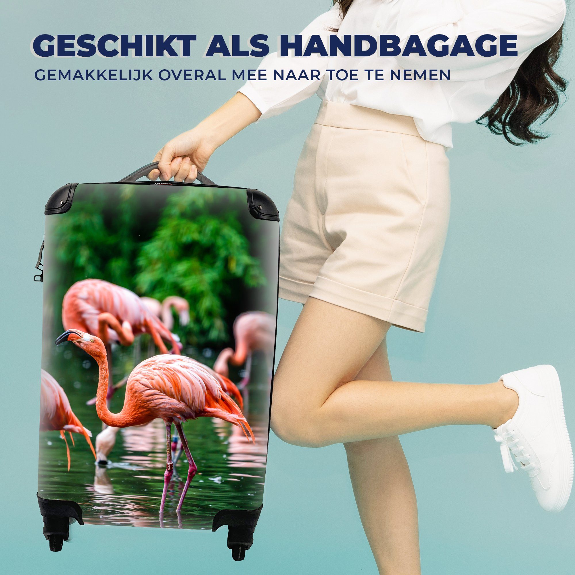 Rosa, Vogel rollen, Rollen, Flamingo Reisetasche - - - MuchoWow 4 für Handgepäckkoffer Trolley, Ferien, Reisekoffer Tropisch mit - Handgepäck Wasser