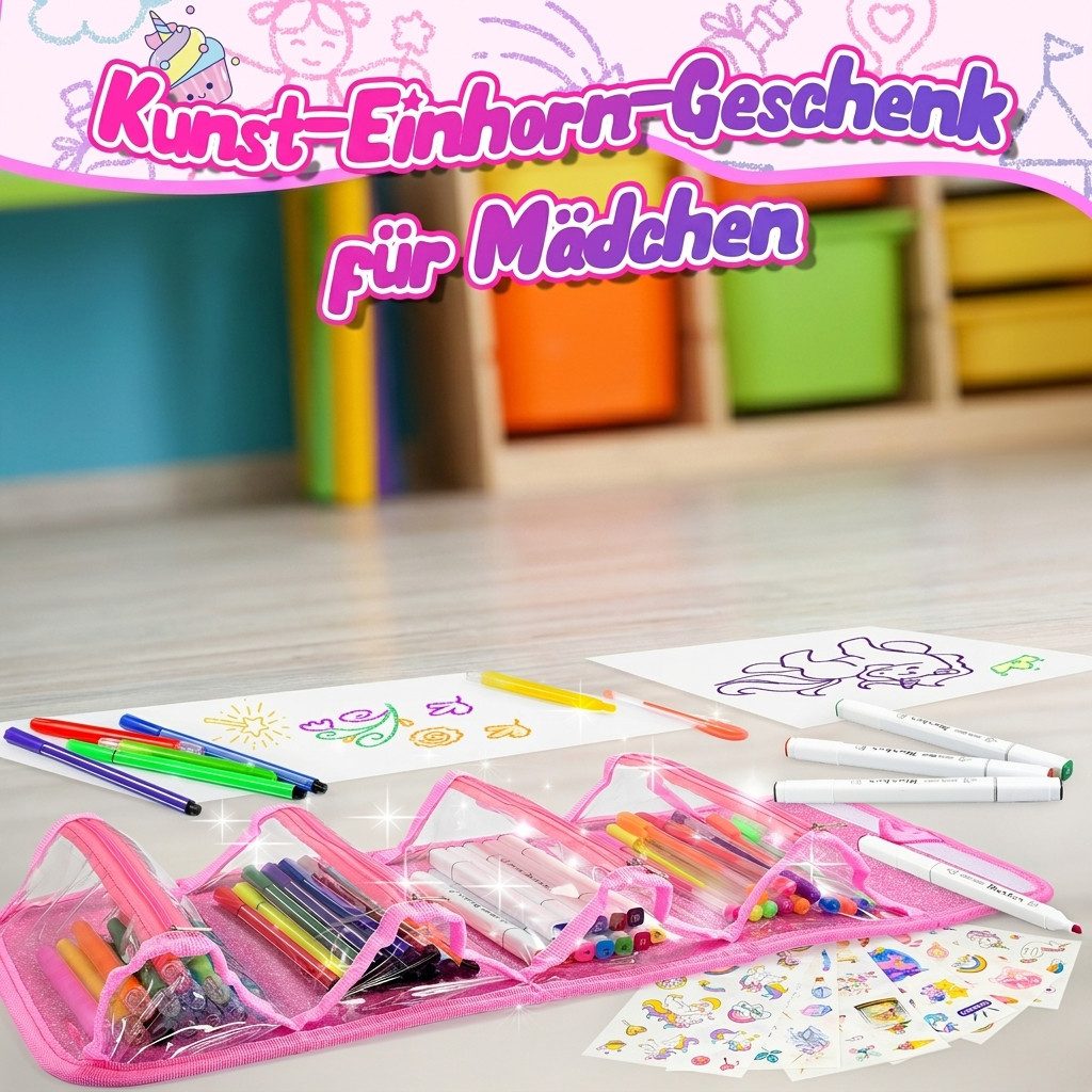 Wootoy Buntstift Einhorn Malset mit Federmäppchen 54-teiliges Kreativset Glitzerstiften, (Federmäppchen mit 4 Reißverschlussfächern und Tragegriff, 54-tlg., mit Filzstiften Wachsmalstiften Aquarellbuntstiften Einhorn-Stickern), attraktives Geschenk für kleine Künstler und Einhorn-Fans