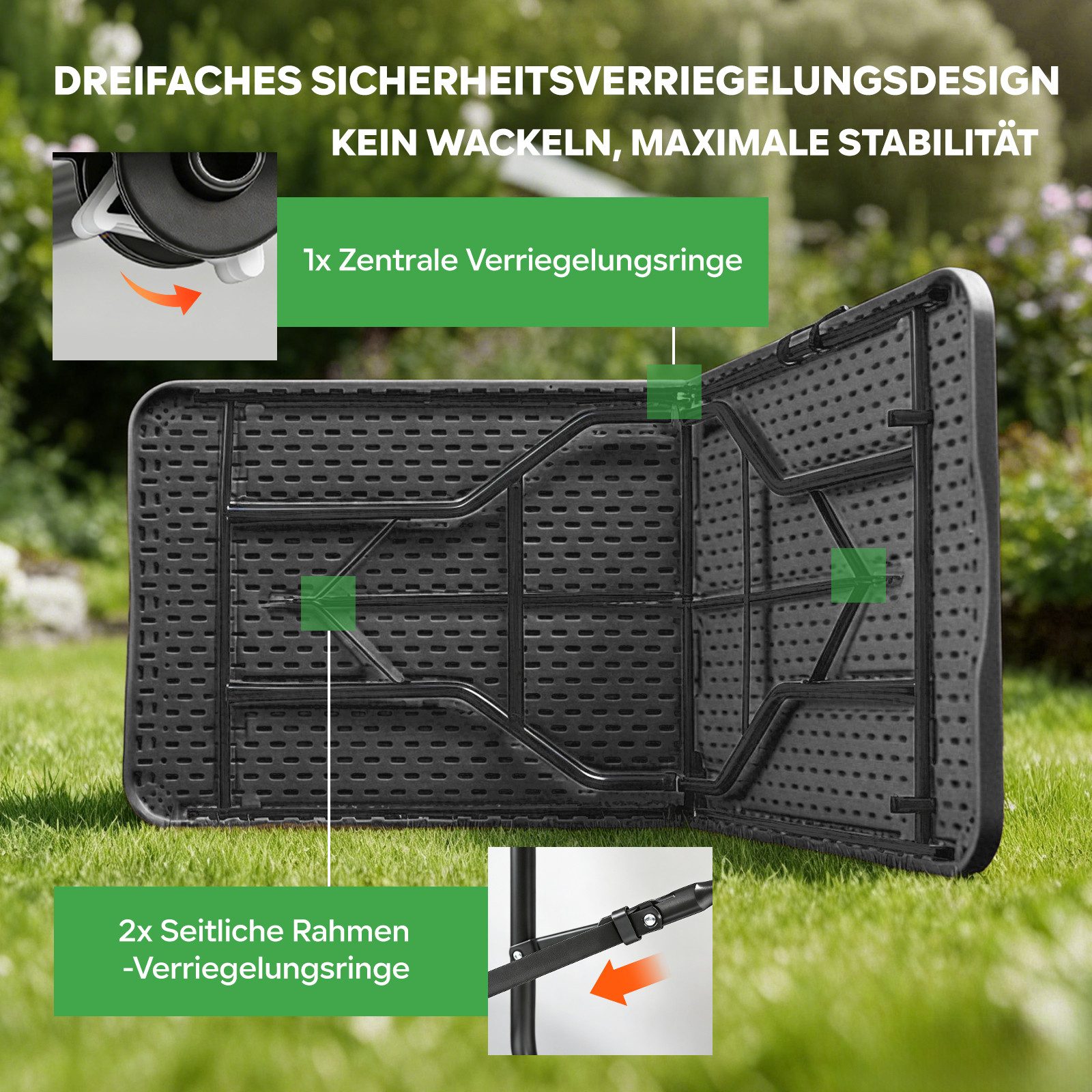 Eiryss Klapptisch 180x74 cm Tragbar Klappbar Gartentisch, Bis 150 kg, für 8-10 Personen (1), Campingtisch Partytisch Buffettisch, Witterungsbeständig – Bild 5 von 5