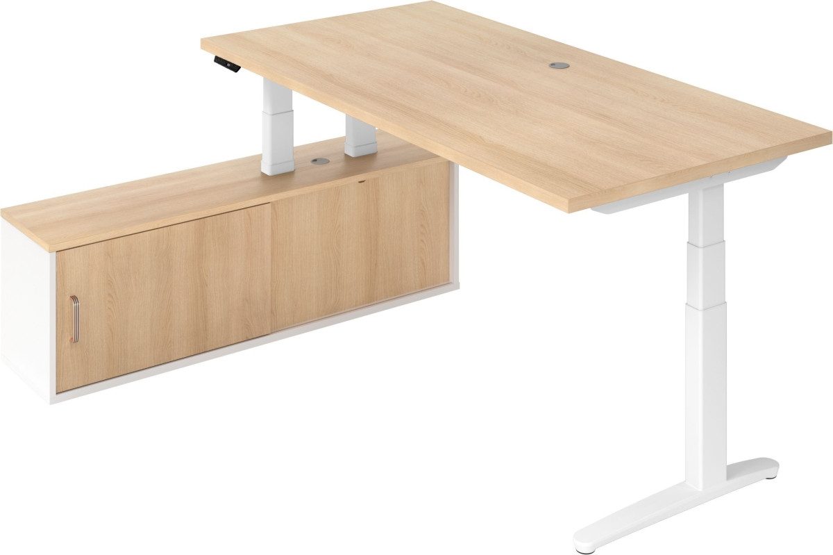 Schreibtisch Sitz-Stehtisch 200x100x65/130cm + Sideboard Eiche/Weiß