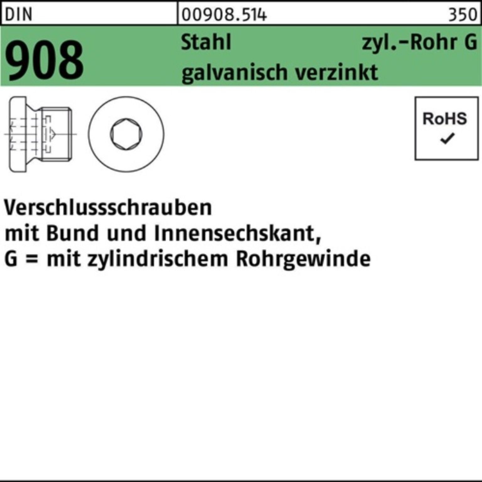 Reyher Schraube 100er Pack Verschlußschraube G 1/4 gal DIN A Stahl 908 Bund/Innen-6kt