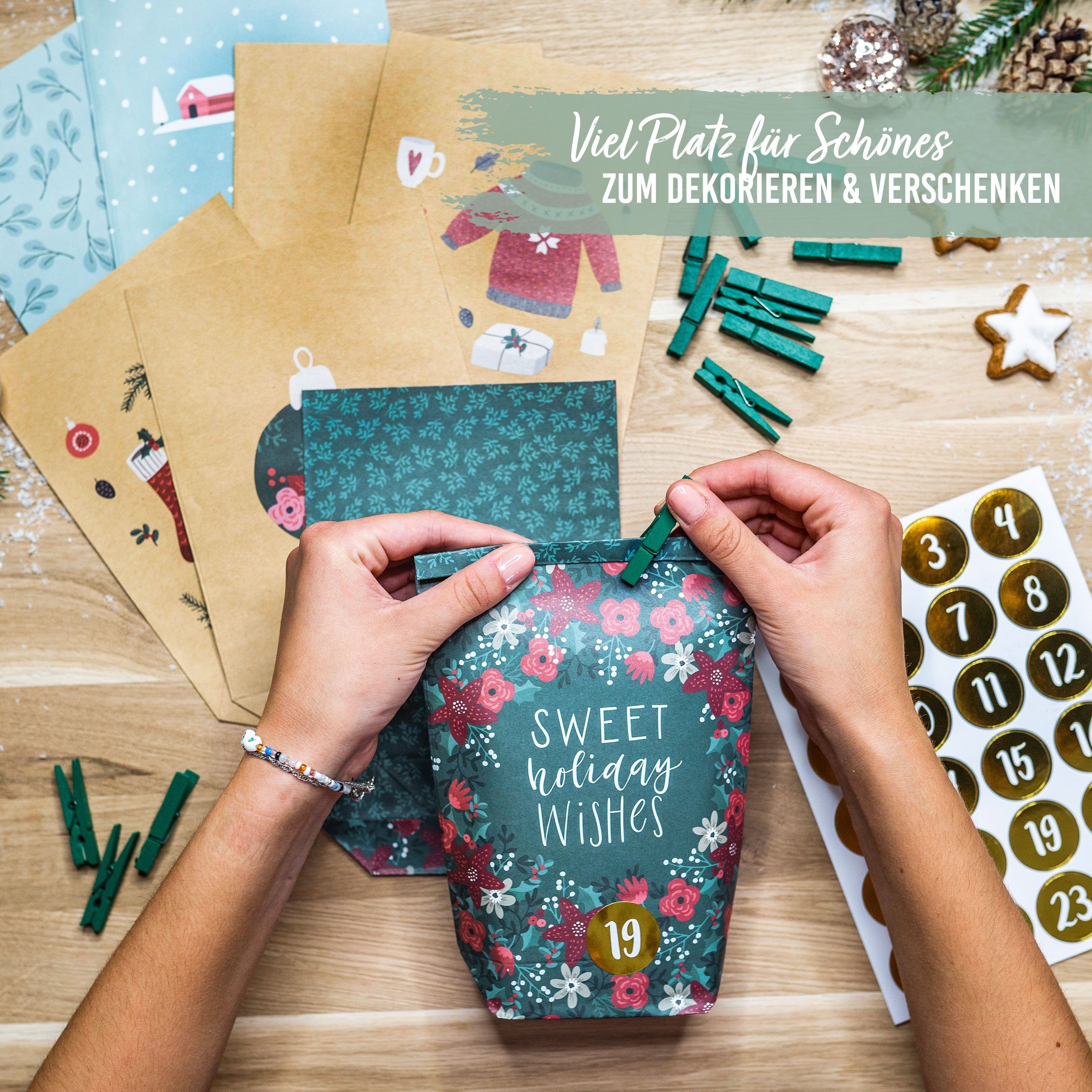 PAPIERDRACHEN befüllbarer Adventskalender Adventskalender mit bedruckten Tüten, Adventskalender zum selber befüllen
