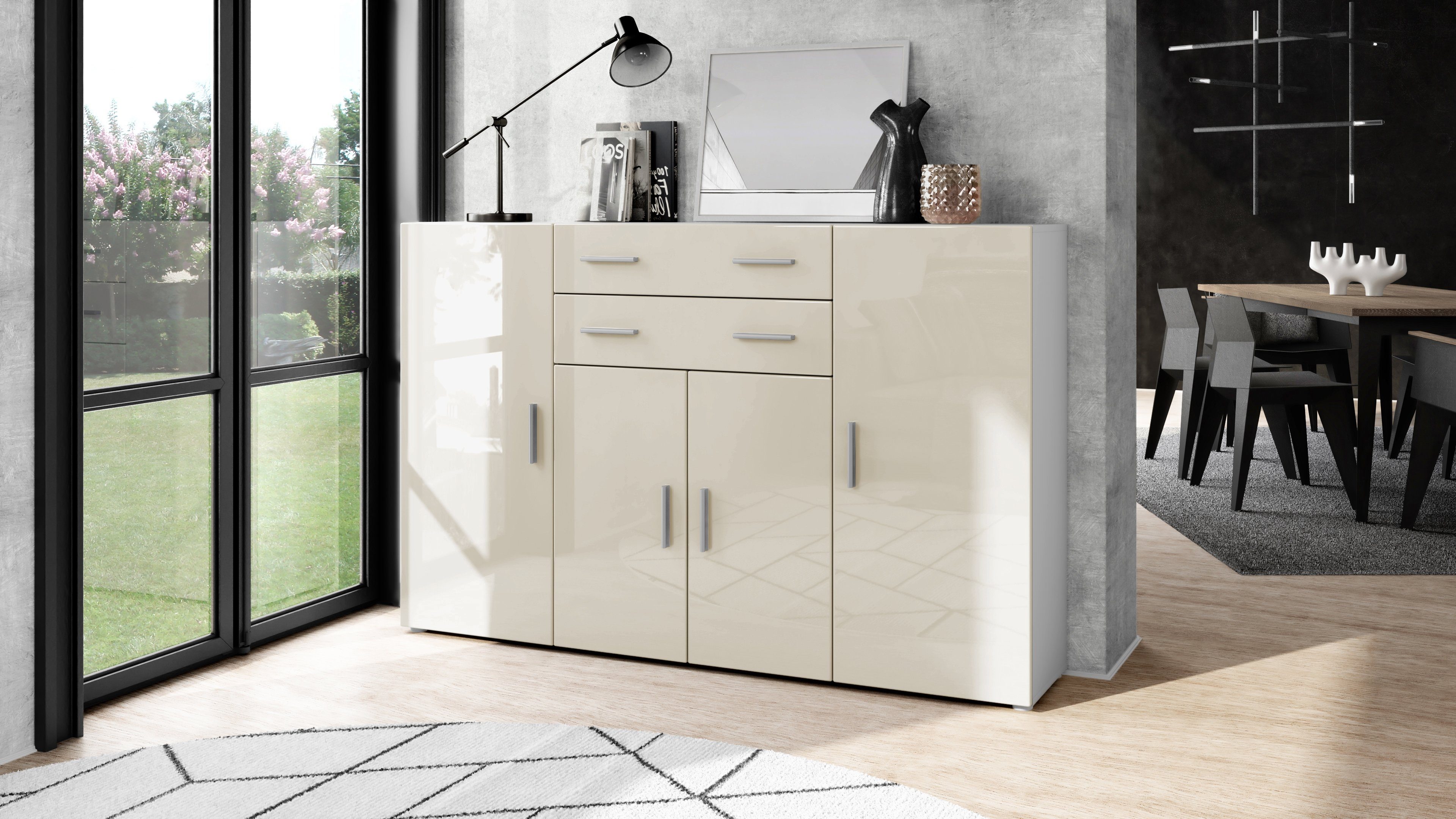 Vladon Highboard Aron (Anrichte, mit 4 Türen und 2 Schubladen), Weiß matt/Creme Hochglanz (166,5 x 106,5 x 35 cm)