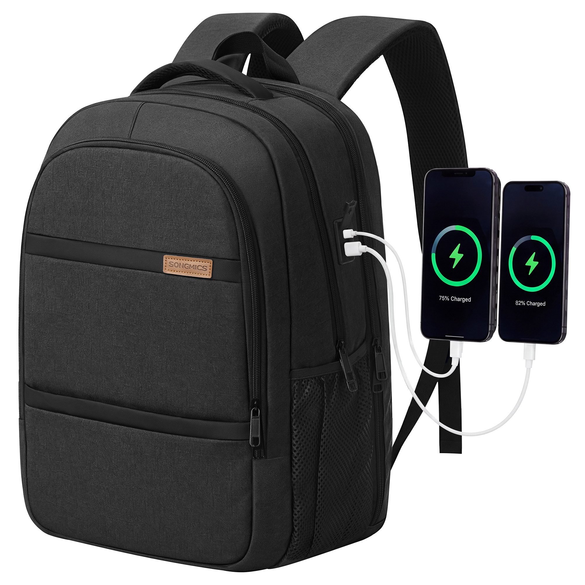 SONGMICS Laptoprucksack mit USB-A & Type-C, Business Rucksack, 180° aufklappbar, 15,6 Zoll, Diebstahlsichere Rückentasche, mit Koffergurt