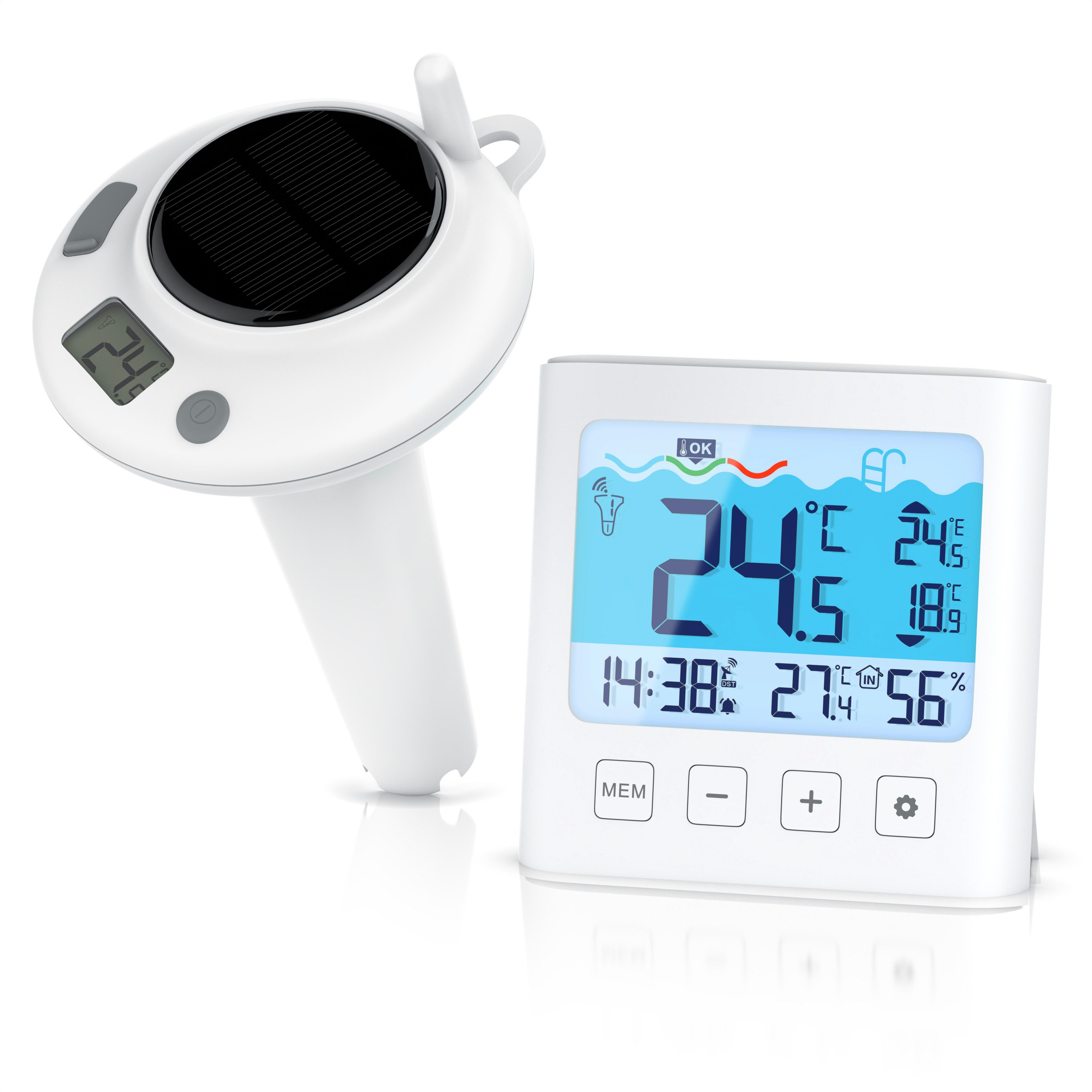 BEARWARE Schwimmthermometer Schwimmthermometer, Poolthermometer mit Wetterstation, Funk, digital, Set 2-tlg., Pool-Thermometer, Basisstation, USB-C-Ladekabel & Seil, Wassertemperatur, Luftfeuchte, Innentemperatur, Außentemperatur, Solar