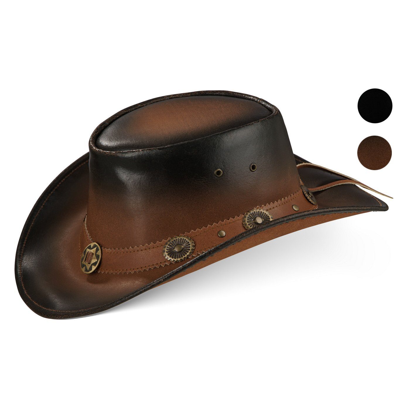 BLACK FOREST FOX Cowboyhut Cowboy Western Leder Hut STAR für Herren Damen in 2 Farben Terra Brown Размер L