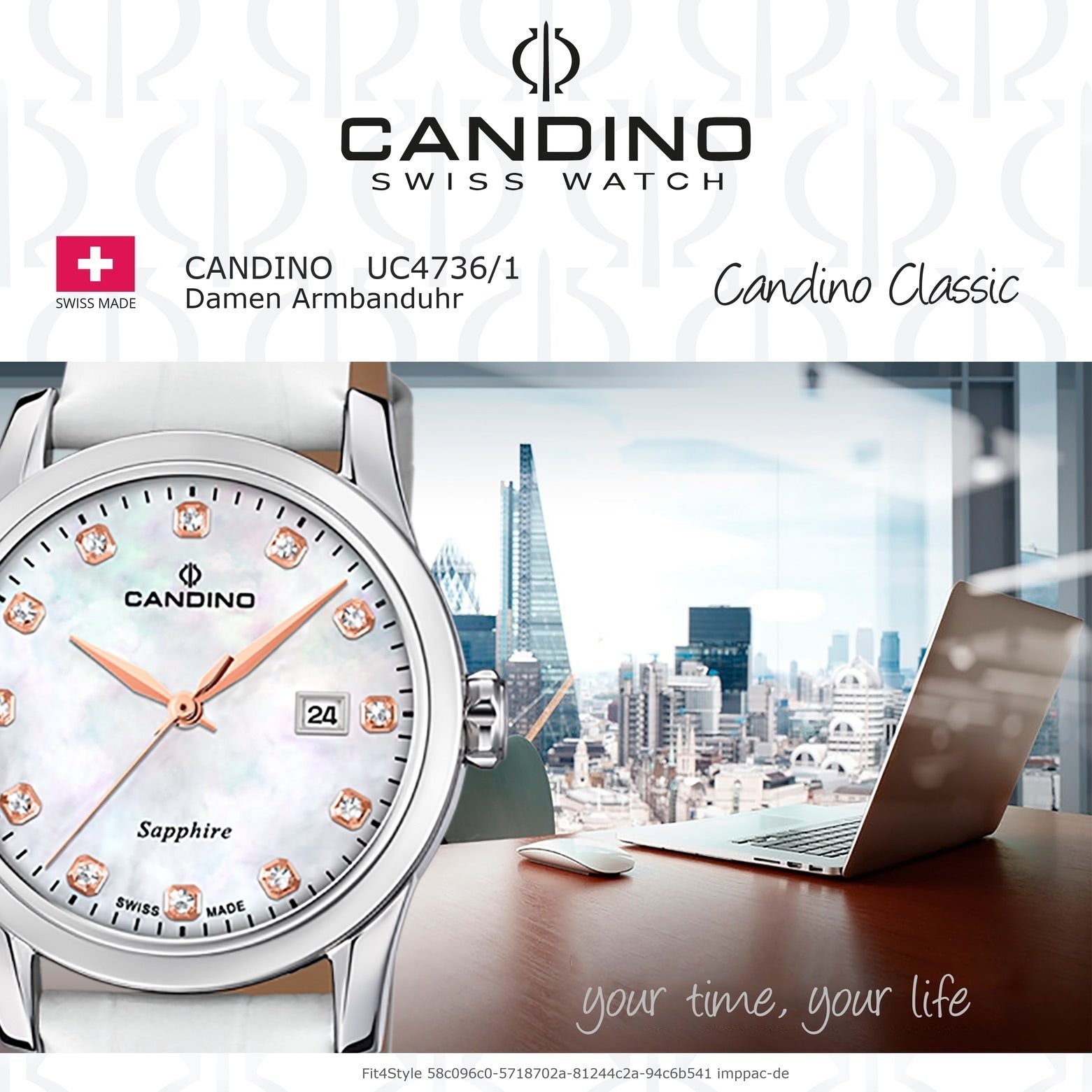 Damen Candino Classic, Damenuhr Quarzuhr Edelstahlarmband rund, weiß Armbanduhr Candino