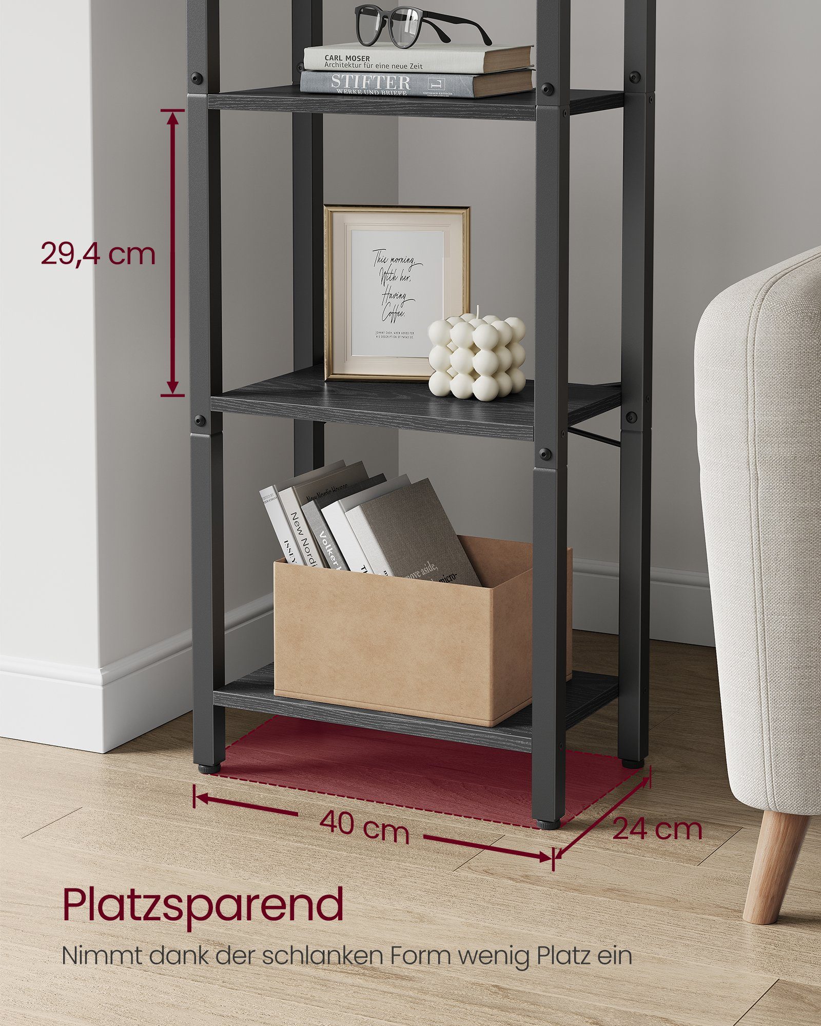 VASAGLE Standregal Bücherregal, 40 x 24 x 107 cm, für Wohnzimmer, Arbeitszimmer und Flur, mit 4 Ebenen, Aufbewahrungsregal, Stahlgestell, ebenholzschwarz