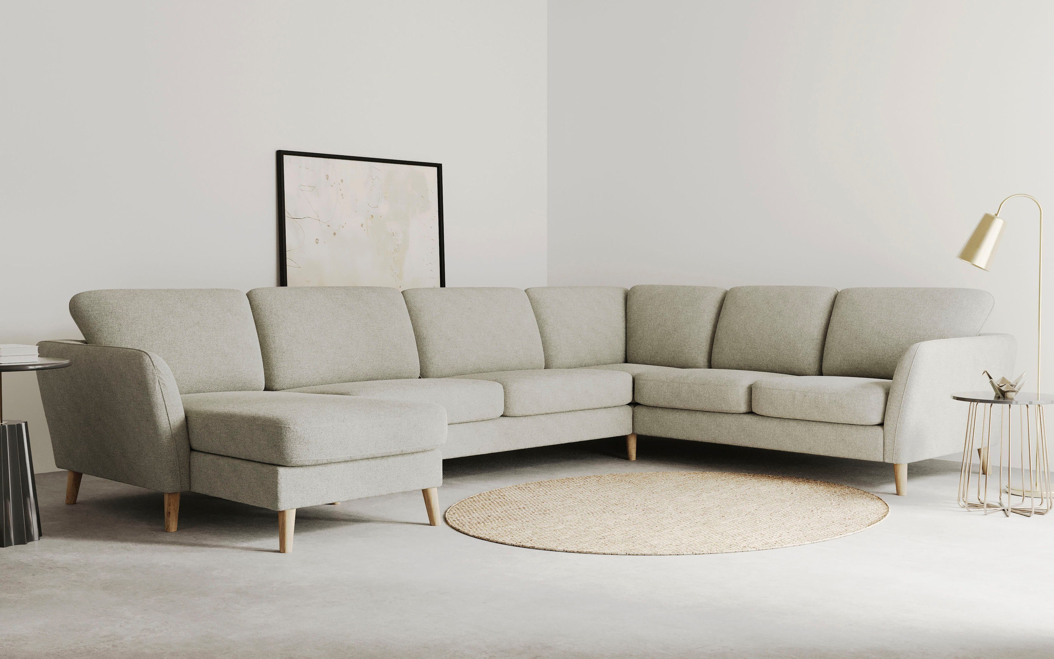 Home affaire Wohnlandschaft MARSEILLE XXL 349cm, U-Form, Ottomane rechts/links wählbar, Massivholzbeine Eiche, Landhausstil, Wellenunterfederung