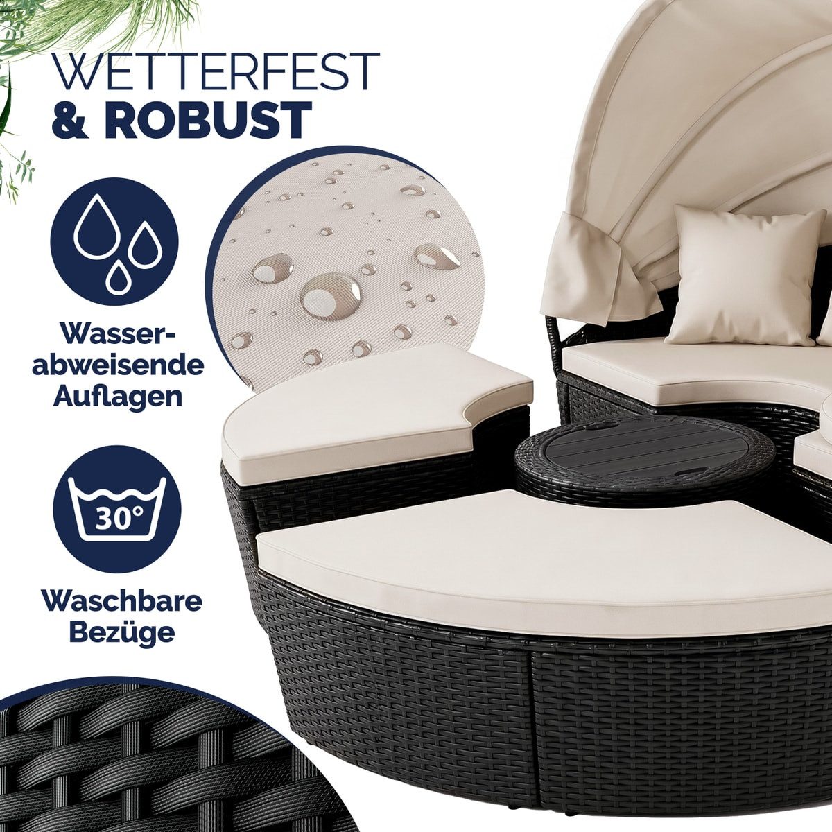Casaria Sonneninsel Schwarz, 185cm Sonnenliege Polyrattan mit Tisch Wetterfest Kissen Gartenliege