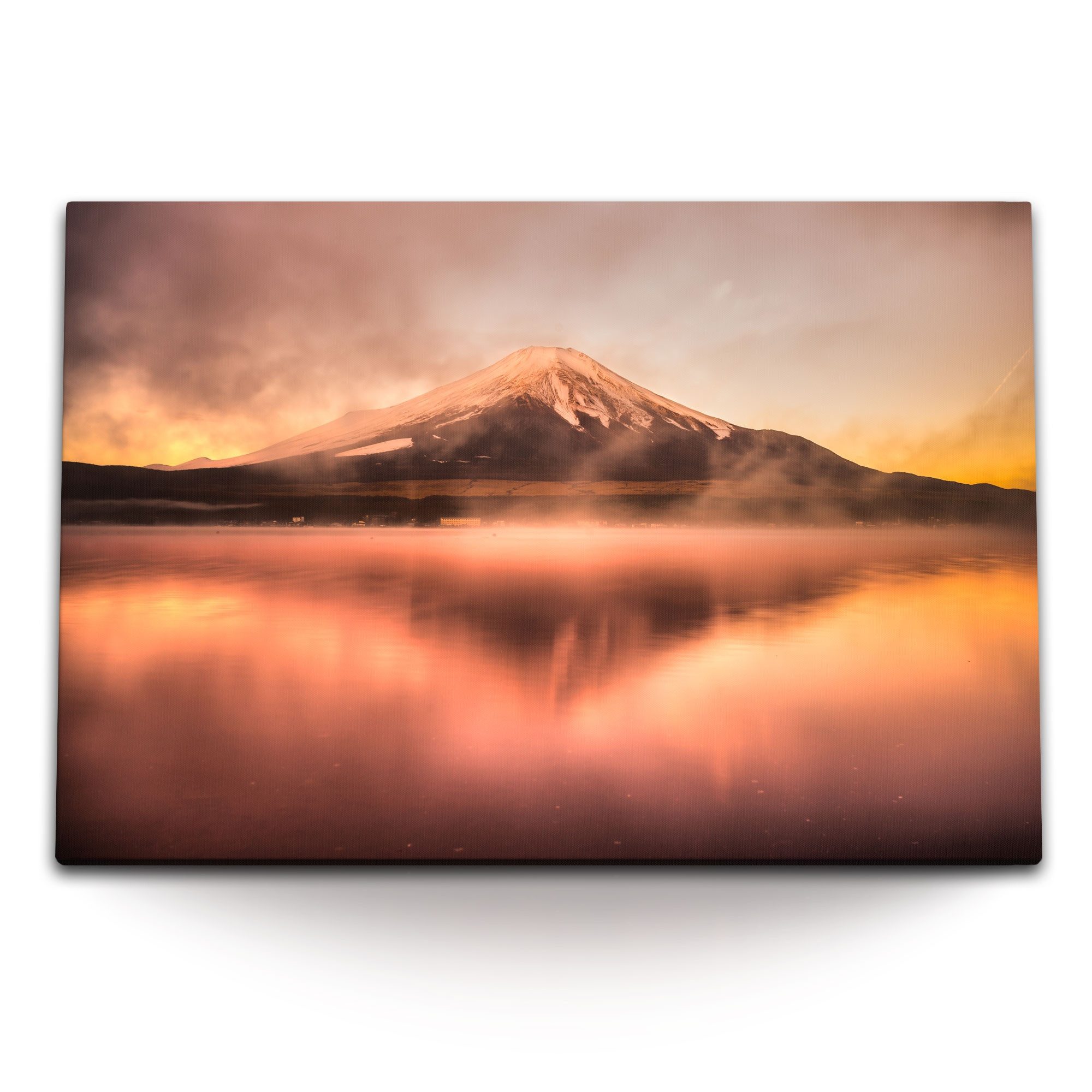 Sinus Art Leinwandbild 120x80cm Wandbild auf Leinwand Fuji Vulkan Japan See Nebel Sonnenunter, (1 St)