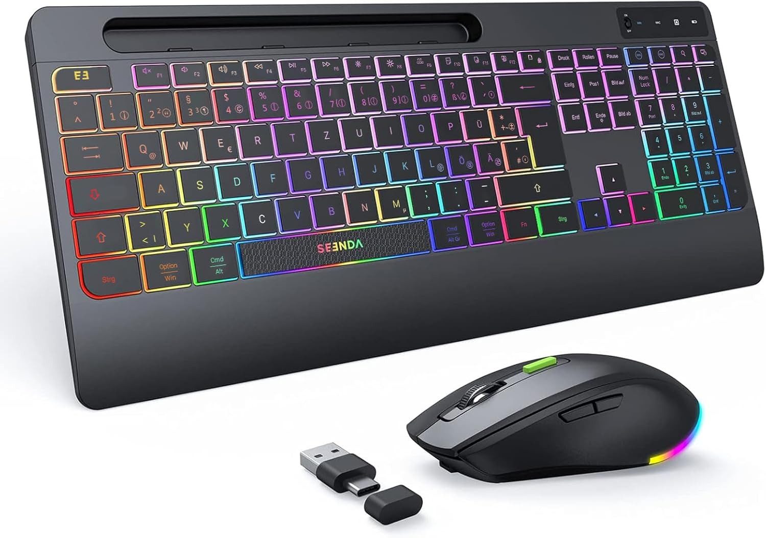 Seenda Tastatur Maus Set kabellos QWERTZ, beleuchtet, USB-C Empfänger Tastatur- und Maus-Set, (3 St., Kabelloses QWERTZ Tastatur-Maus-Set für Büro & Homeoffice), 2-in-1 USB-A/C, RGB, Handballenauflage, Gerätehalterung