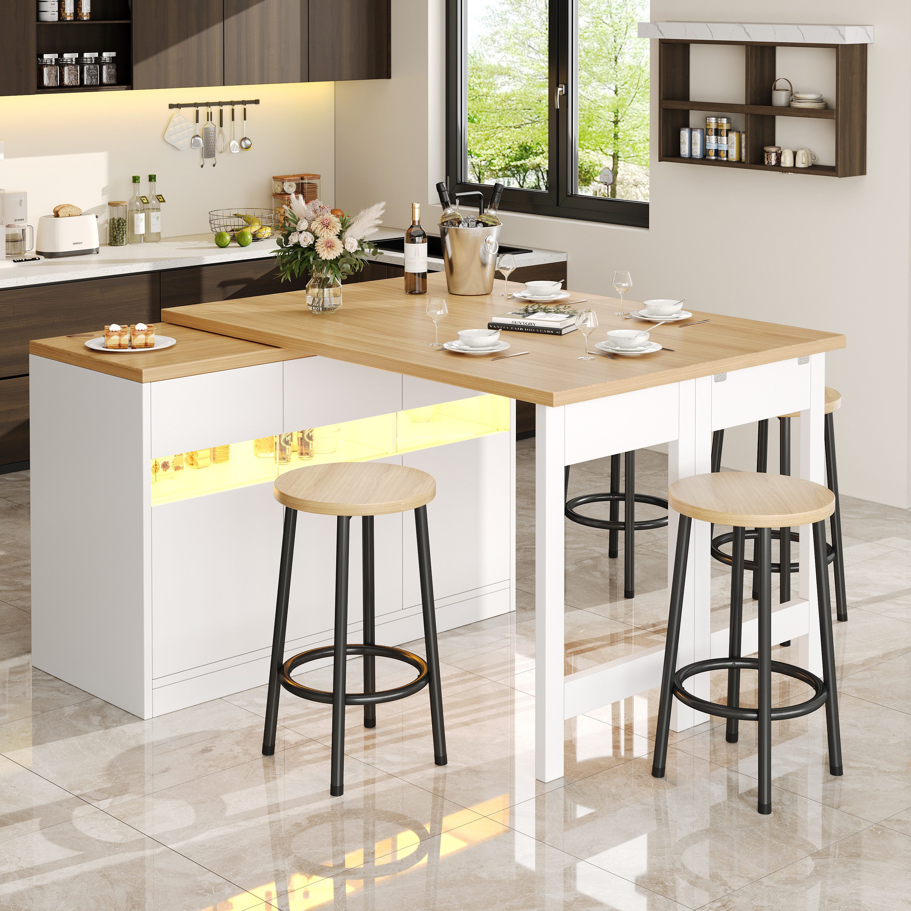 Flieks Kücheninsel Küchenschrank mit 360° drehbarer und klappbarer Arbeitstisch, (Holzoptik Tischplatte Tiefe 40-80cm, Längenverstellbar 120-180cm), ausziehbarer Esstisch & Mehrzweckschrank mit Led-Beleuchtung Weiß