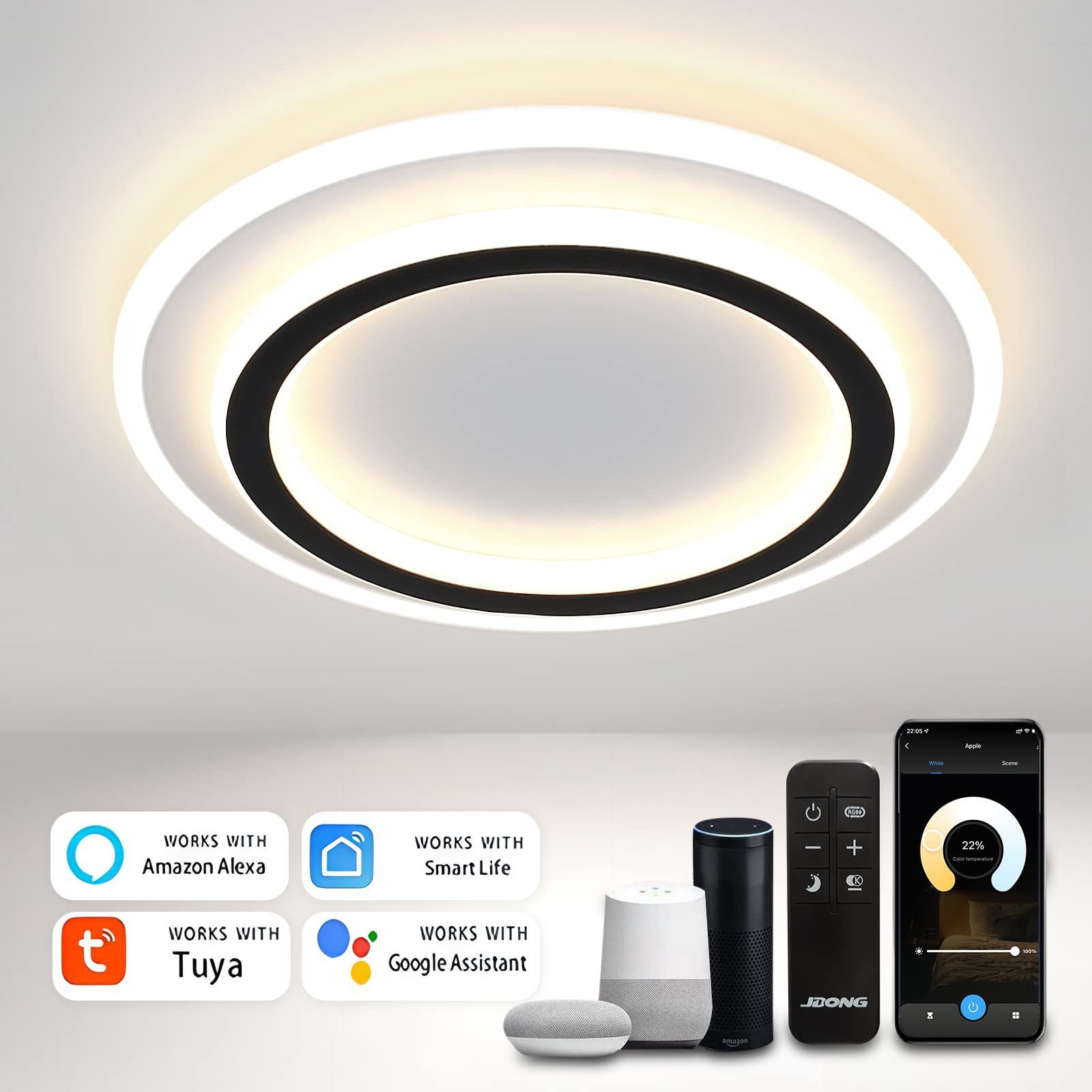 JDONG LED Deckenleuchte Wlan Deckenlampe Kompatibel mit Alexa und Google Home, LED fest integriert, 3000K, 4000K, 5000K, Lampe mit Nachtlichtfunktion Timer, Smarte Lampe mit Timer