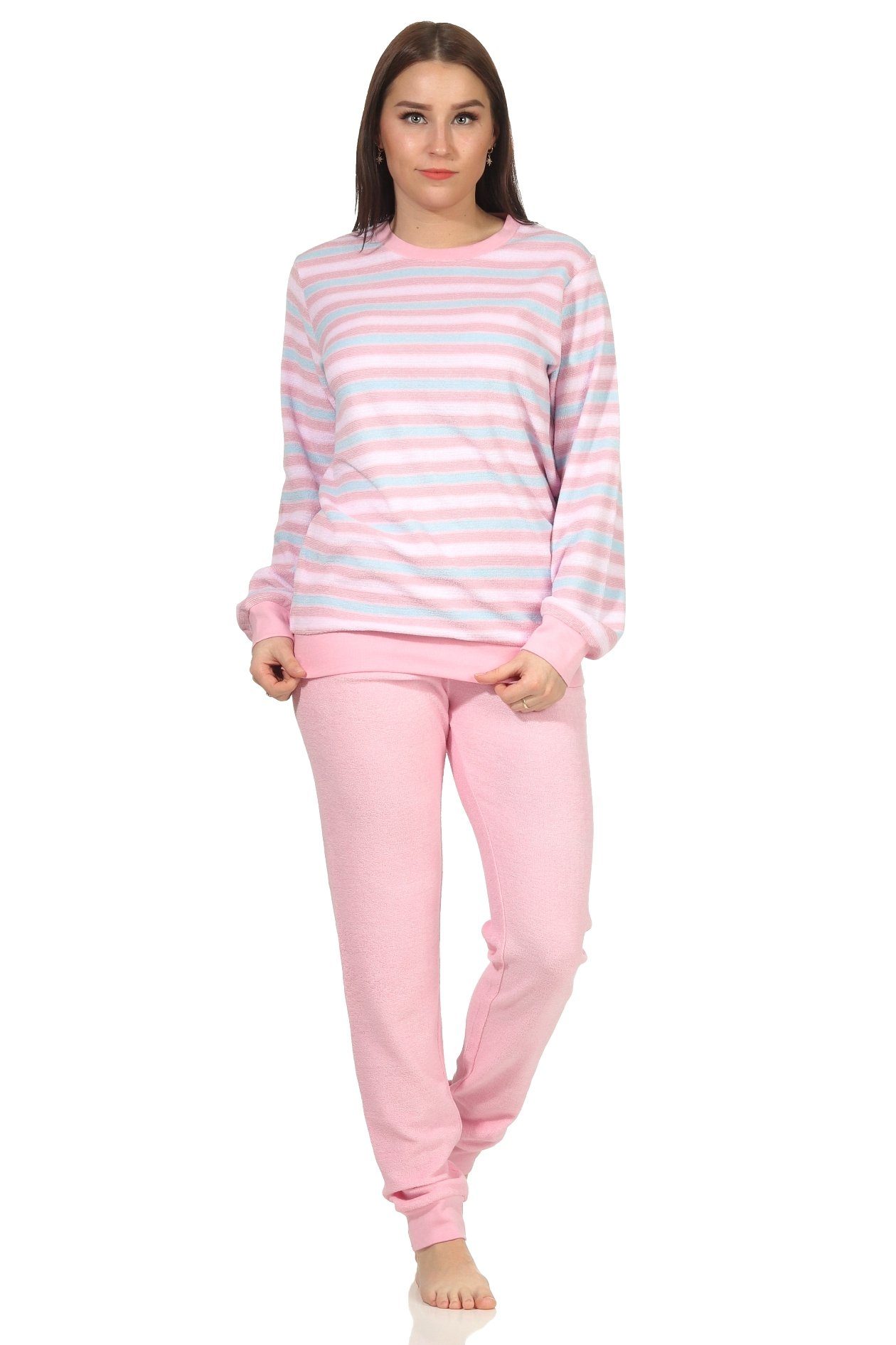 Creative by Normann Pyjama Damen Frottee Schlafanzug mit Bündchen in Ringeloptik rosa