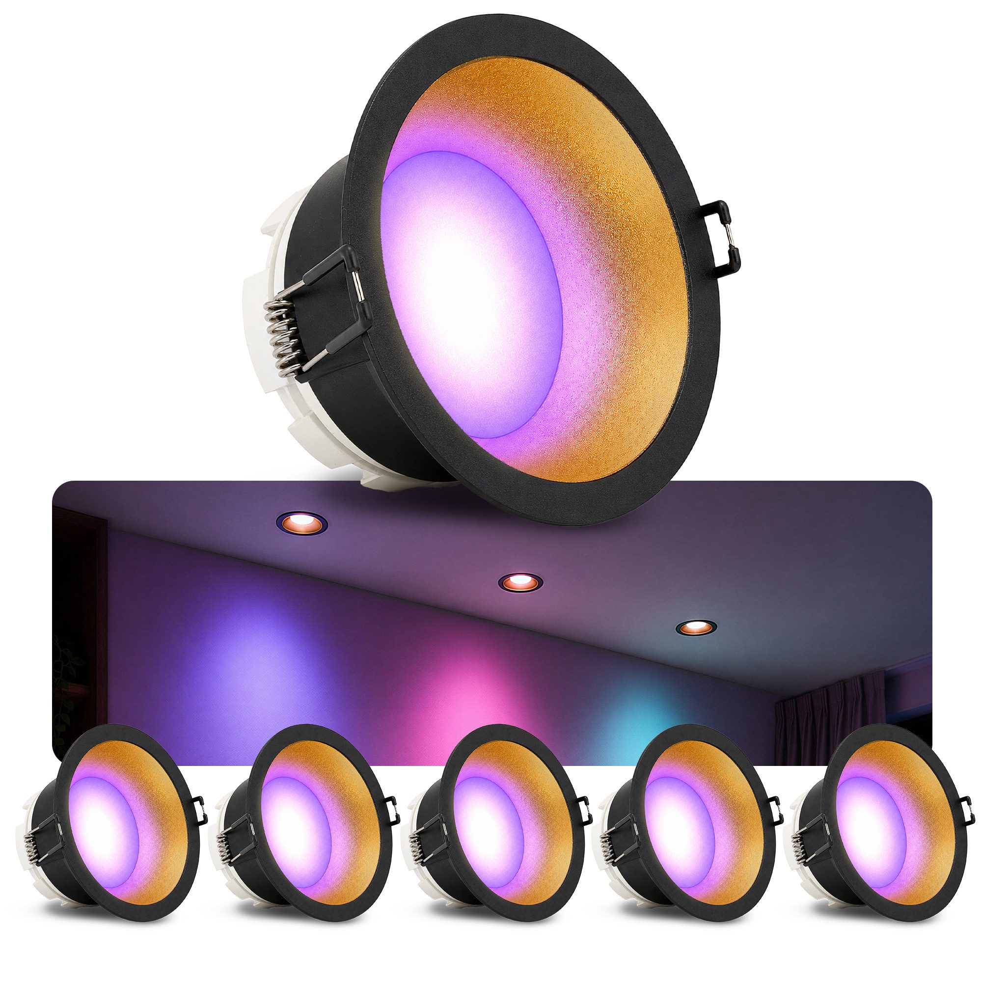 SSC-LUXon LED Einbaustrahler GEXIA Smarthome Einbauspot schwarz gold Ø 110mm mit GX53 LED 6W RGBW, Smart