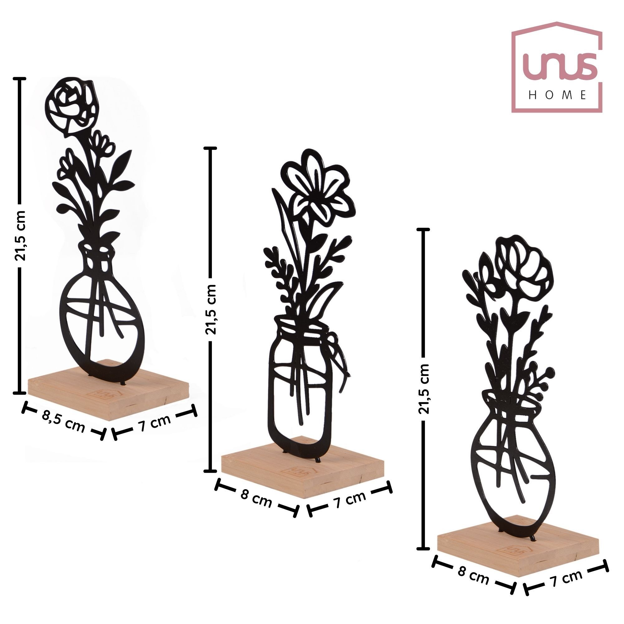 UNUS HOME Dekofigur Deko-Aufsteller 3er Set „Vase mit Blumen“ (3er Set, schwarz), Deko für Fensterbank, Tischdeko, Geschenkidee, Mitbringsel – Bild 2 von 5