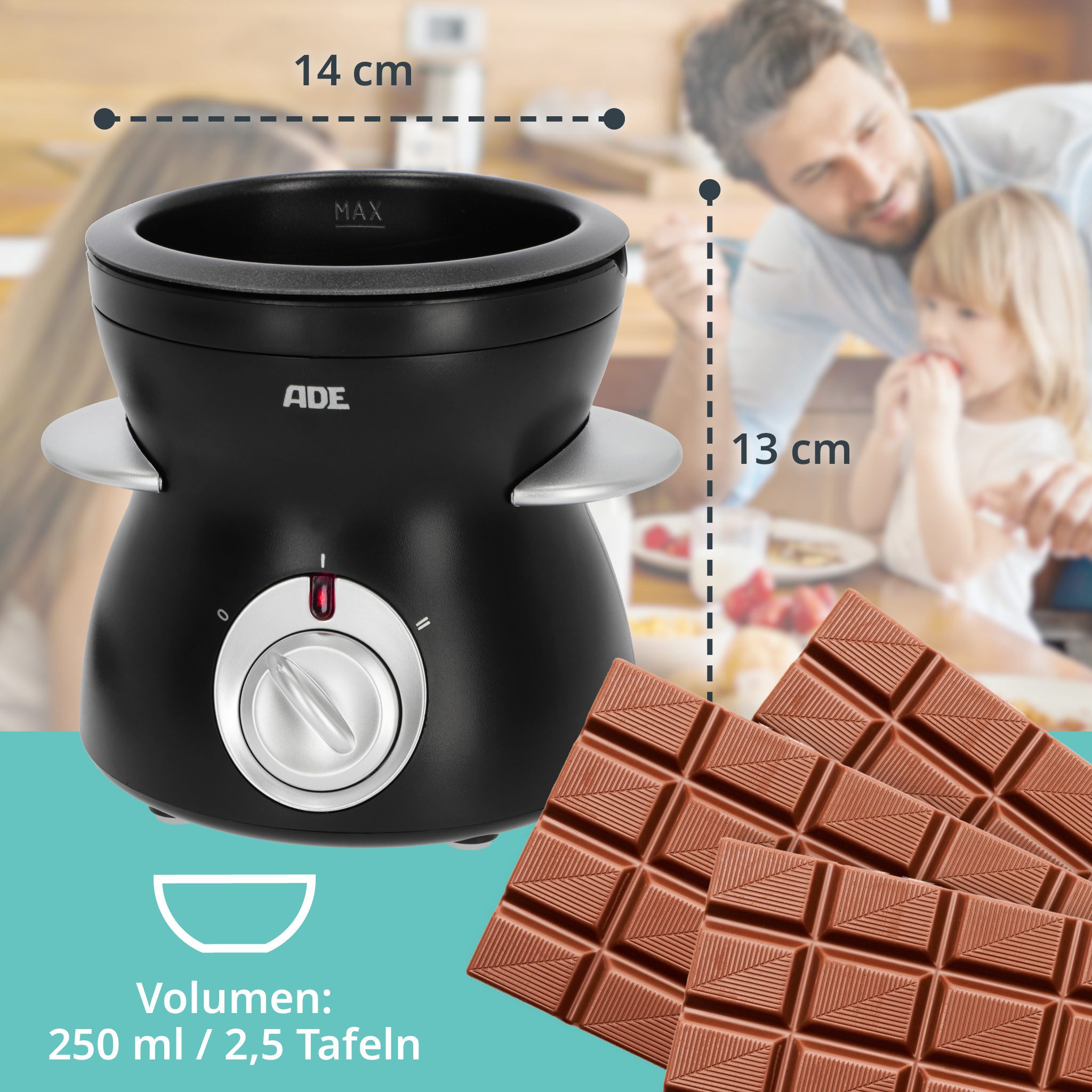 ADE Elektro-Fondue Elektrisches Schokofondue mit 2 Temperaturstufen, 0,25 l, inkl. Gabeln, herausnehmbare Schüssel, zum Schmelzen und Warmhalten