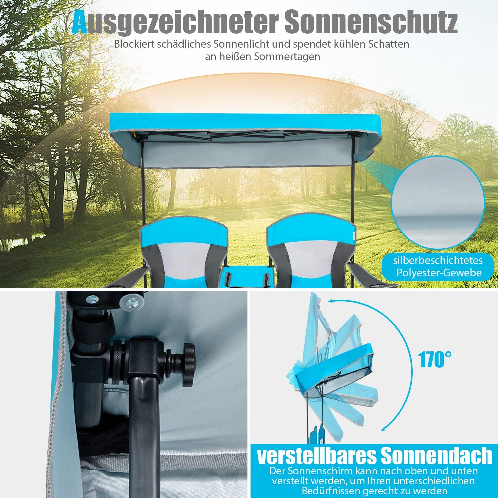 COSTWAY Campingstuhl, 2-Sitzer, mit Sonnenschutz, Mini-Tisch, günstig online kaufen
