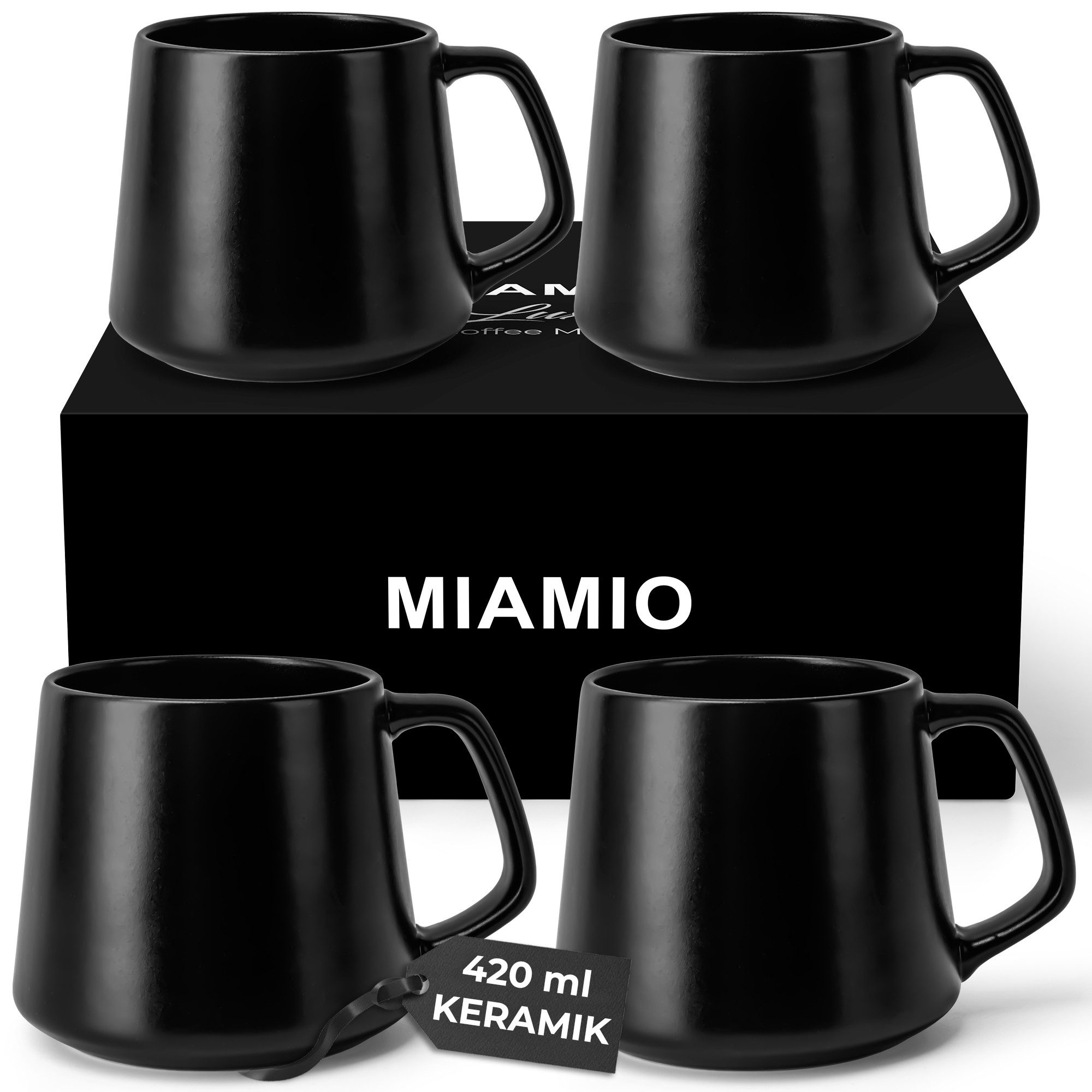 MiaMio Tasse Luxe Kaffeebecher 420 ml Schwarz, 4-tlg., Keramik