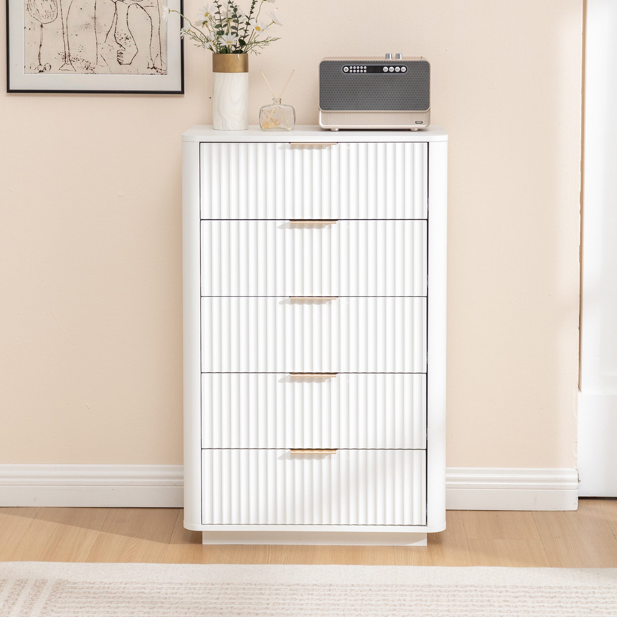 Thanaddo Sideboard Moderner weißer Aufbewahrungsschrank/Nachttisch mit Metallgriffen