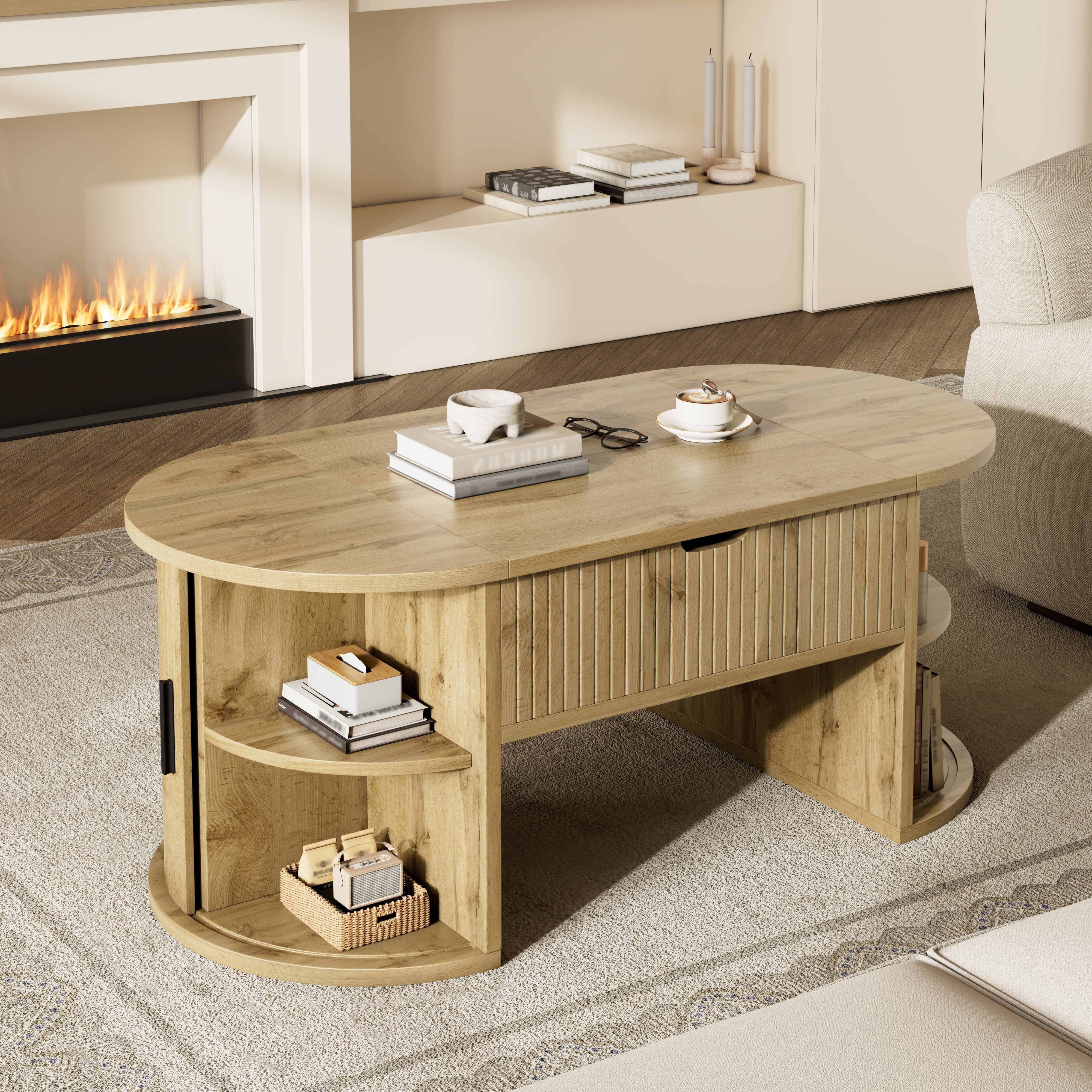 REDOM Couchtisch 100x40,5x50 cm Höhenverstellbarer Couchtisch, modern (Packung, 1-St., Mit Schiebetüren & offenen Regalen), Platzsparend mit verstecktem Stauraum