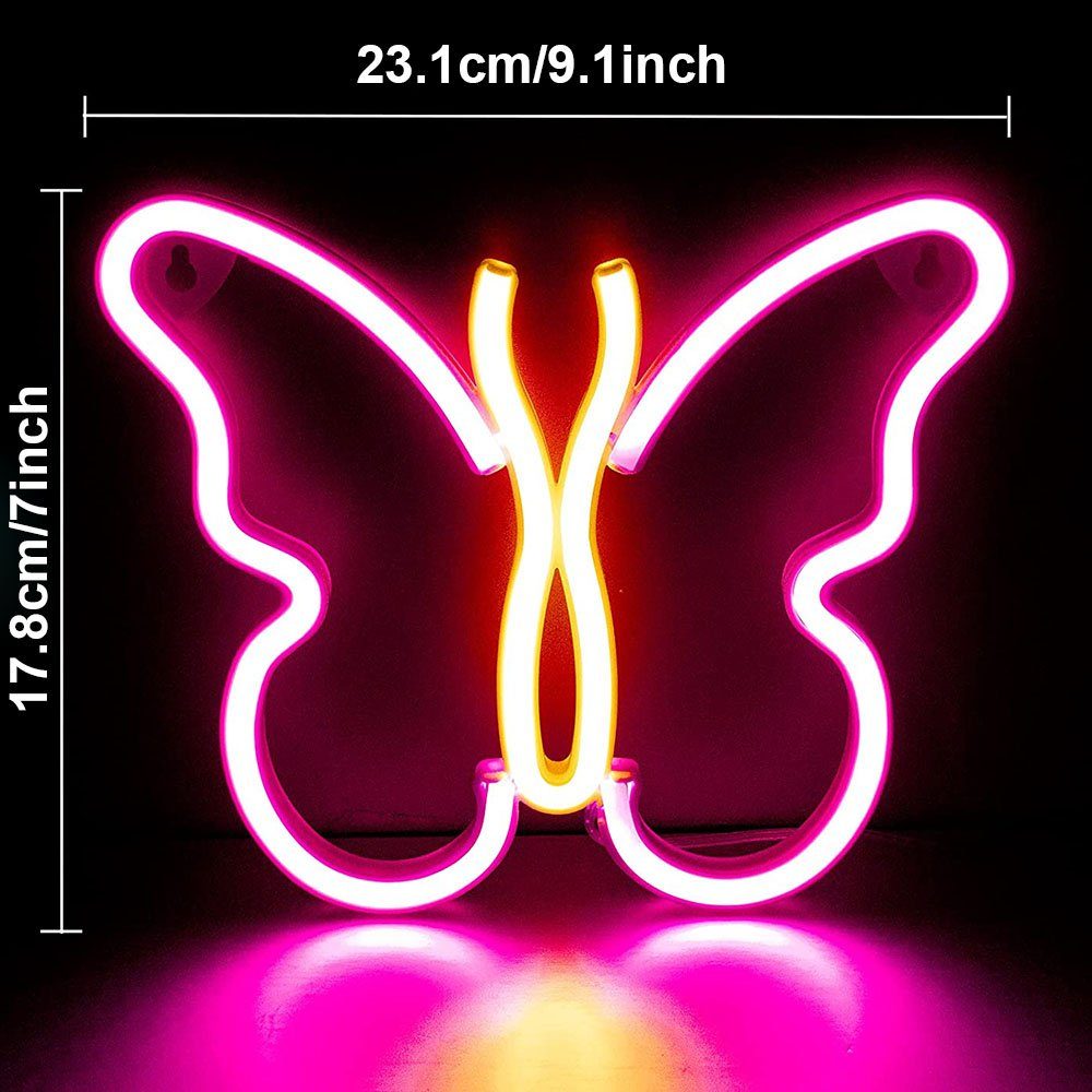 Rosnek LED Dekolicht Herz Blitz, Alien, Neon Party für Schmetterling Schlafzimmer Deko Rosa+Gelb Wand, Batterie/USB, Lichter