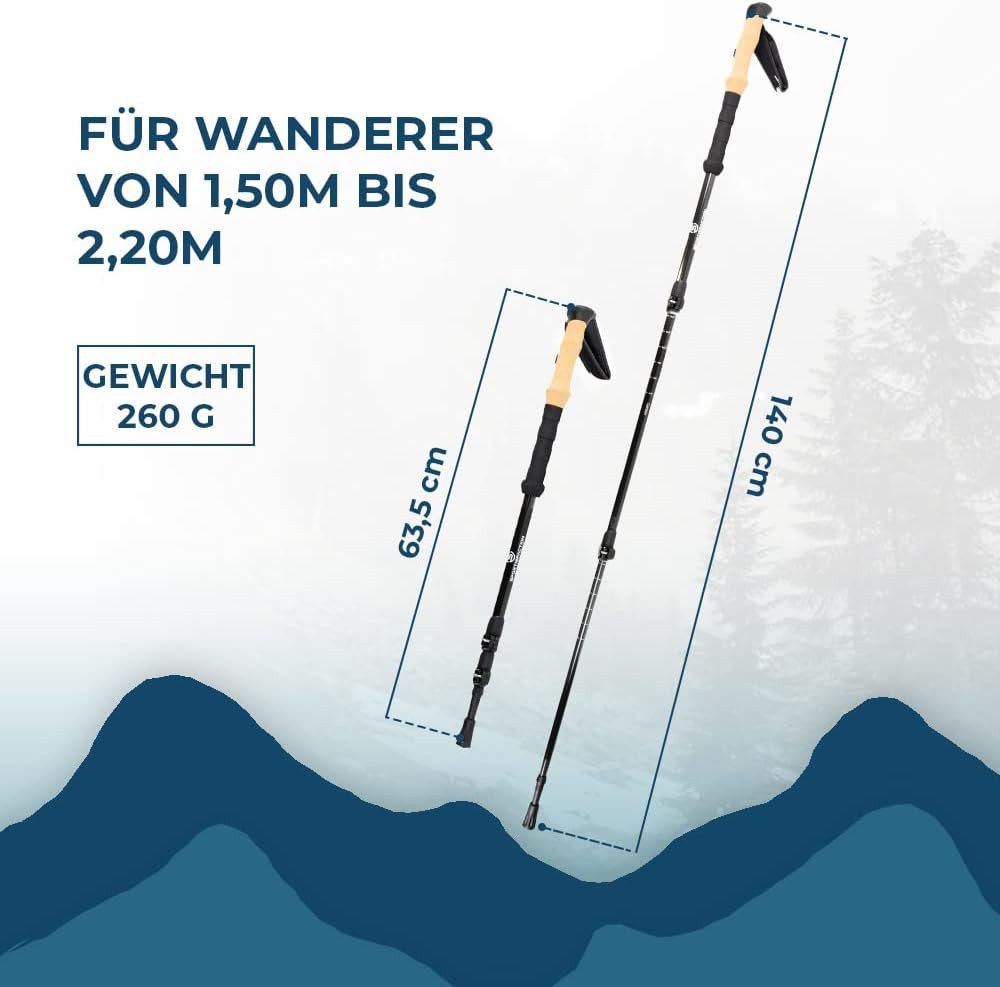 Sportisfaction Wanderstöcke Carbon Wanderstöcke Ultraleicht 260g Teleskop Trekkingstöcke 63-140cm, Ergo-Korkgriff Inkl. 5 Paar Aufsätze & Tasche Metall-Clip Verschluss