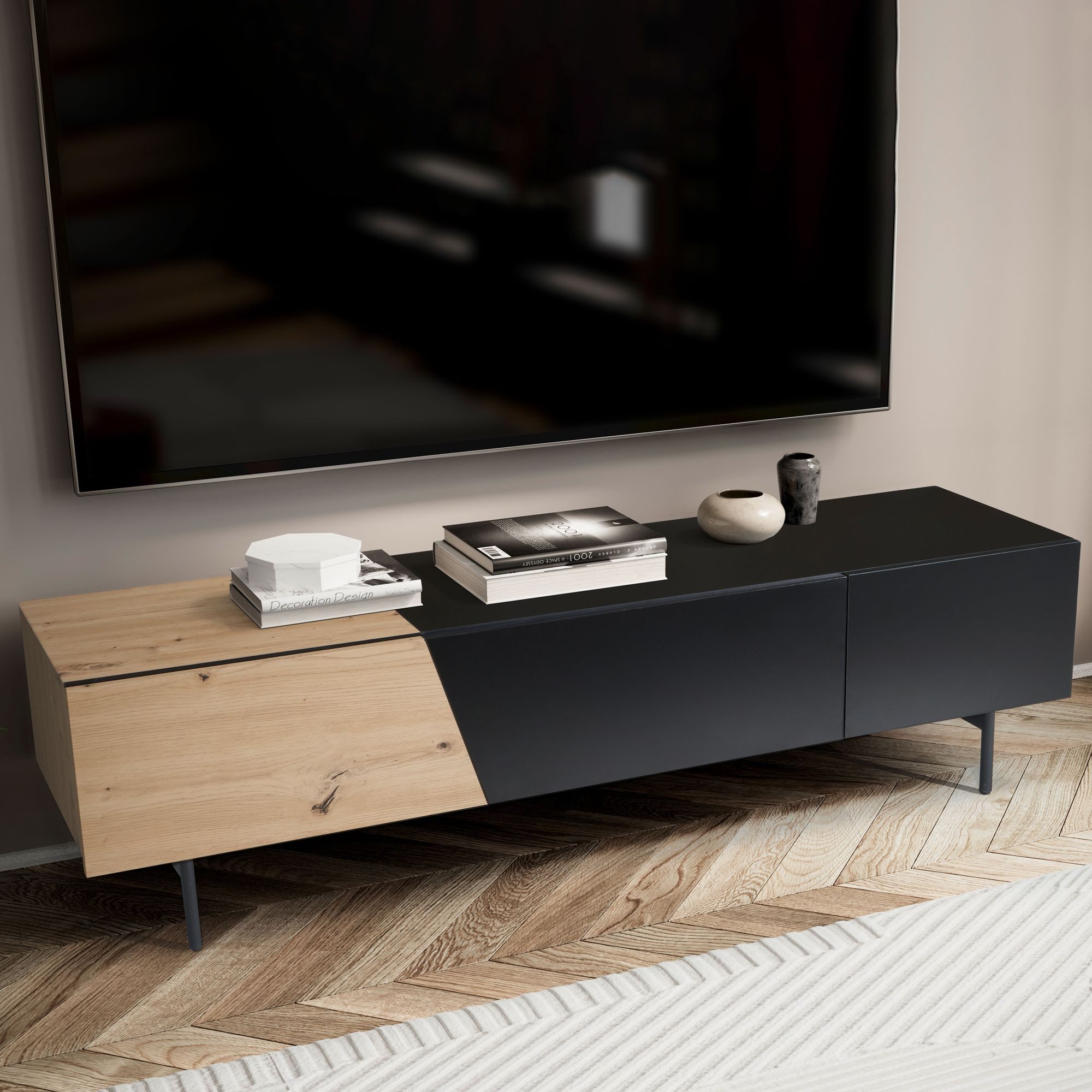 FINEBUY Lowboard FB56048 (Schwarz / Eiche-Dekor, 150x40x40 cm, zwei Türen), TV-Kommode Niedrig, TV-Schrank Modern Fernsehtisch