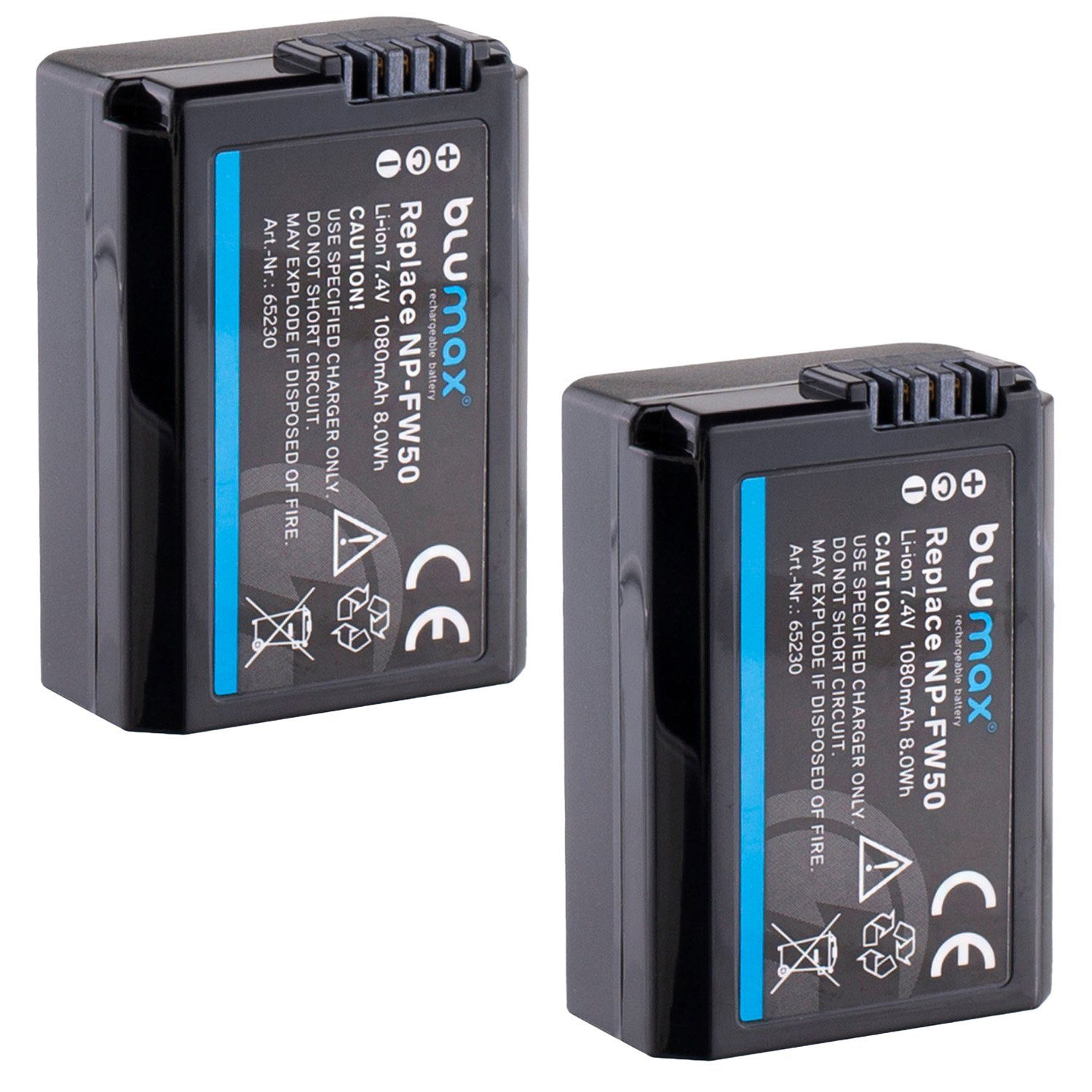 Blumax 2x NP-FW50 Alpha 6500 7 II 7R 7S NEX 7 RX10 1080 mAh Kamera-Akku