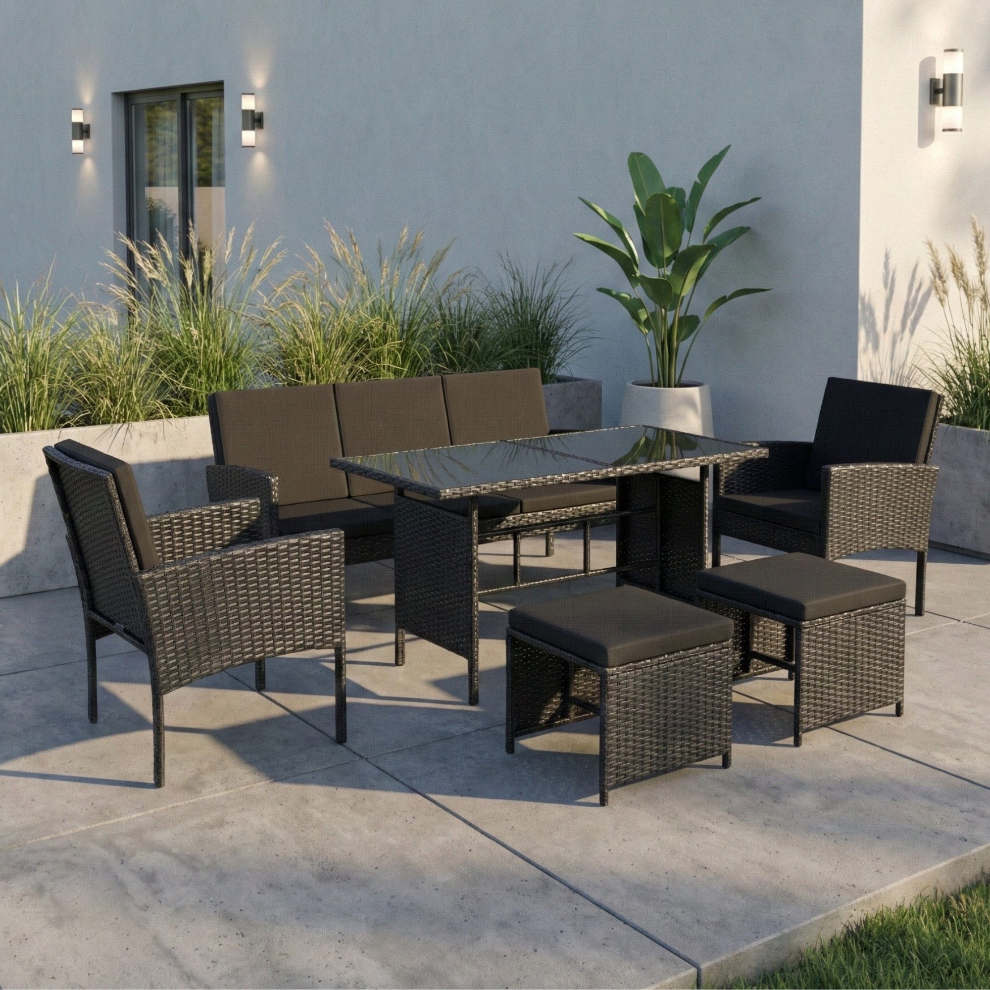 Home Collective Gartenlounge-Set Gartenmöbel Set 7-Sitzer Outdoor Sitzgruppe Möbel Lounge Polyrattan, (inkl. Esstisch mit gehärteter Glasplatte), 3-Sitzer Sofa, 2 Stühle, 2 Hocker Polyrattan Schwarz schwarze Kissen