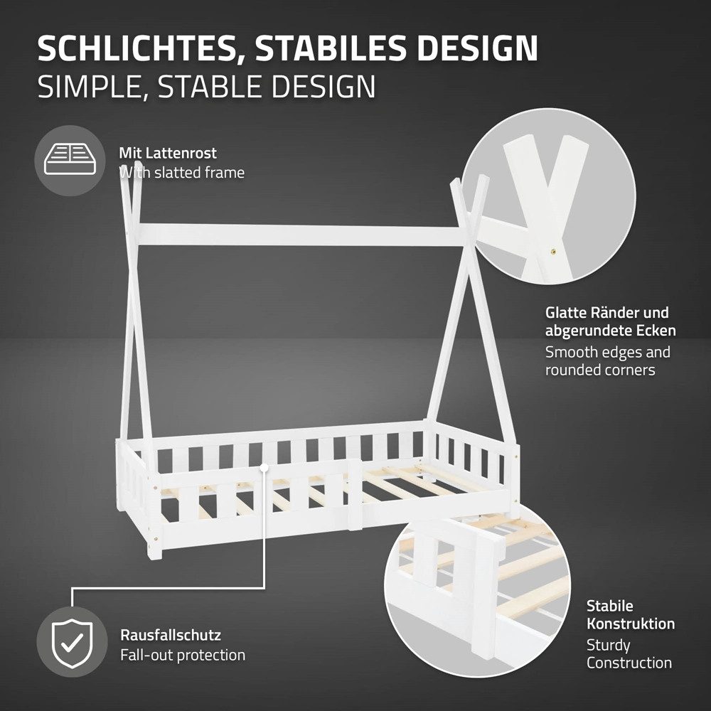 ML-DESIGN Spielbett Hausbett Tipi Zeltbett inkl. Lattenrost Bodenbett Kinder Himmelbett, Abenteuerbett mit Rausfallschutz Zelt Bett Kiefer Weiß Kinderhaus
