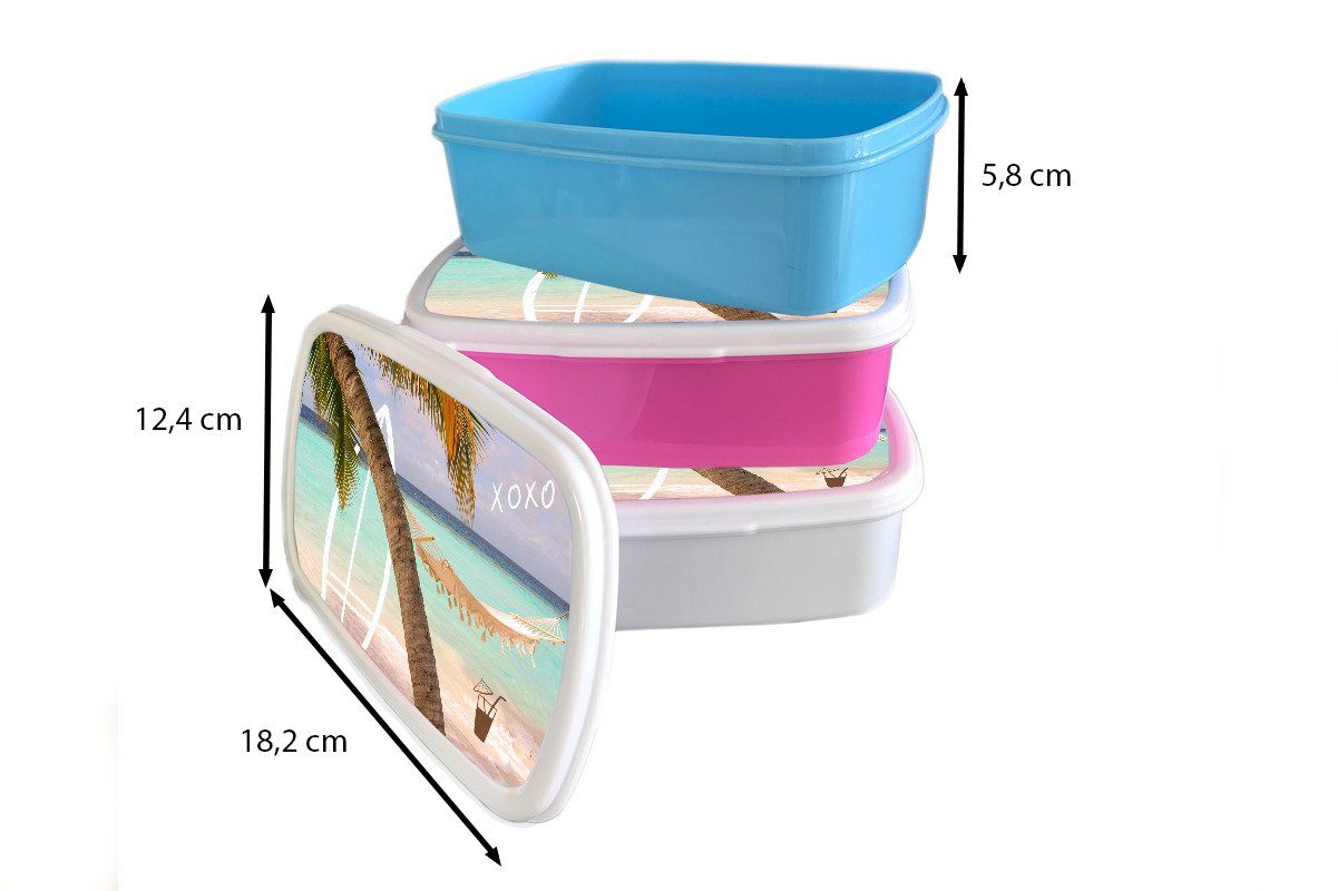 MuchoWow Lunchbox Sommer - Palme, Kinder, (2-tlg), Mädchen, rosa Brotdose Kunststoff Brotbox für Snackbox, Hängematte Kunststoff, - Erwachsene