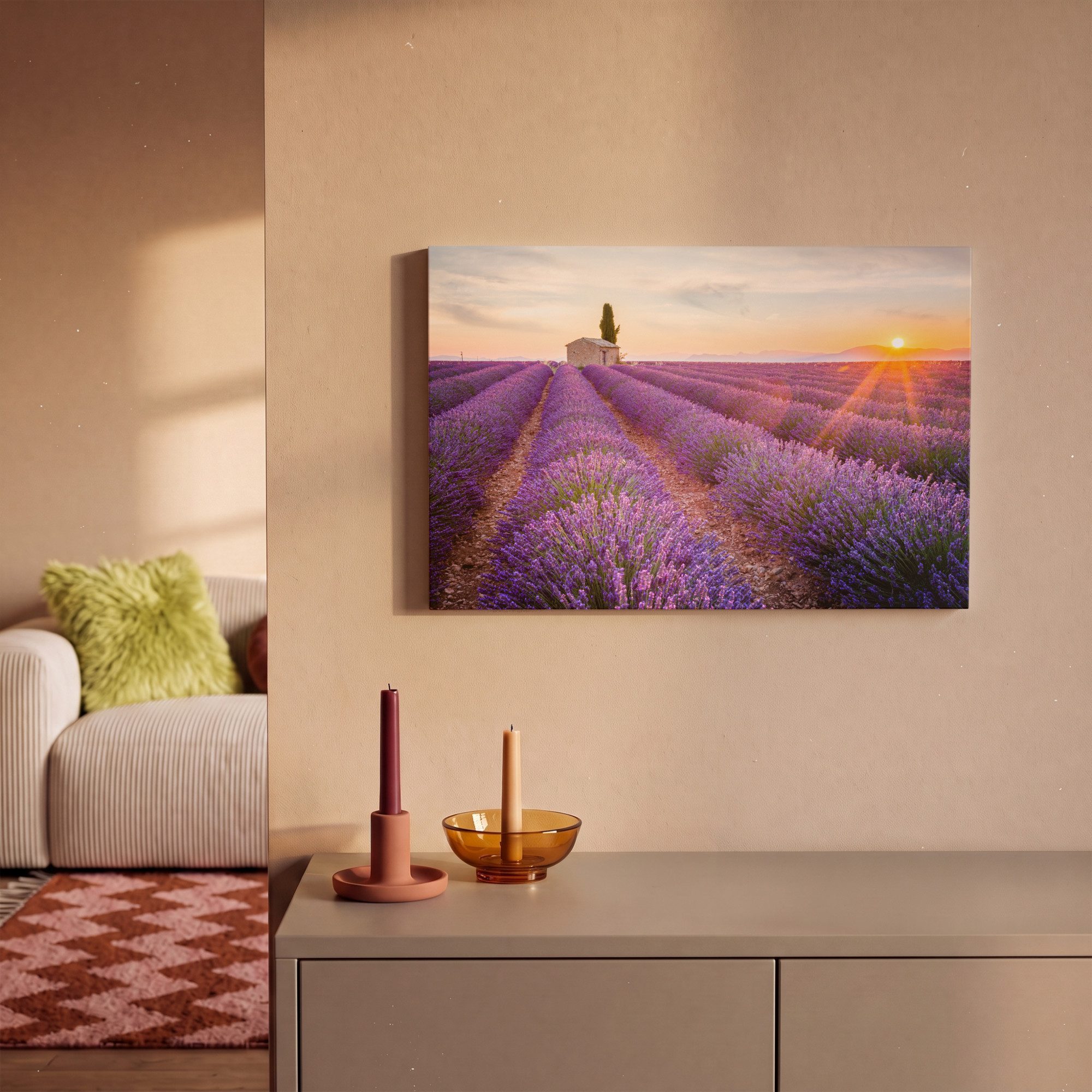 OneMillionCanvasses® Leinwandbild Lavendel - Sonnenuntergang - Blumen - Lila, Fotodruck (1 St), Leinwand Bilder Klein, Wand Dekoration Aesthetic 30x20 cm – Bild 2 von 5