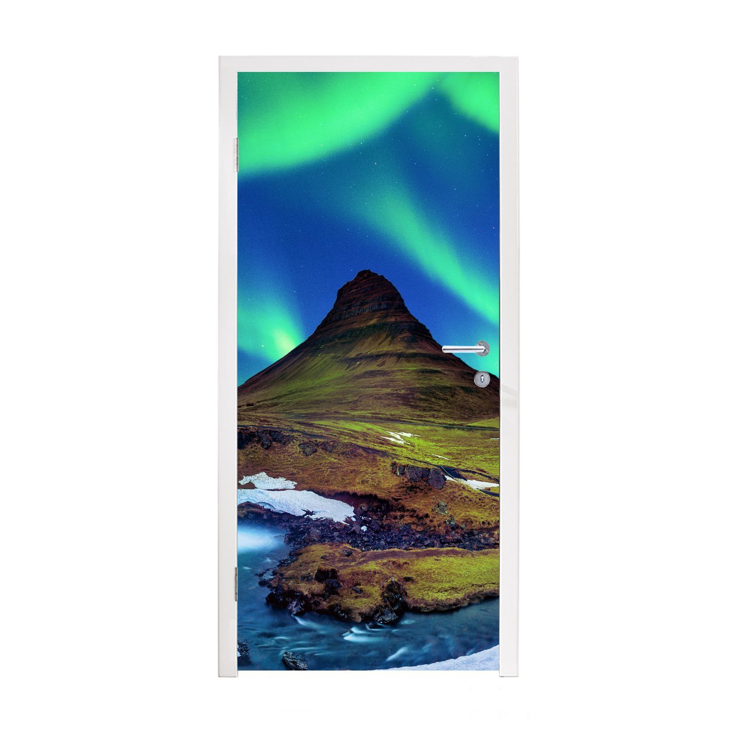 - Fototapete - MuchoWow bedruckt, Island Sternenhimmel (1 cm für Berg - - Türaufkleber, Nordlicht - Tür, See, Türtapete Matt, - 75x205 Grün St), Wasserfall