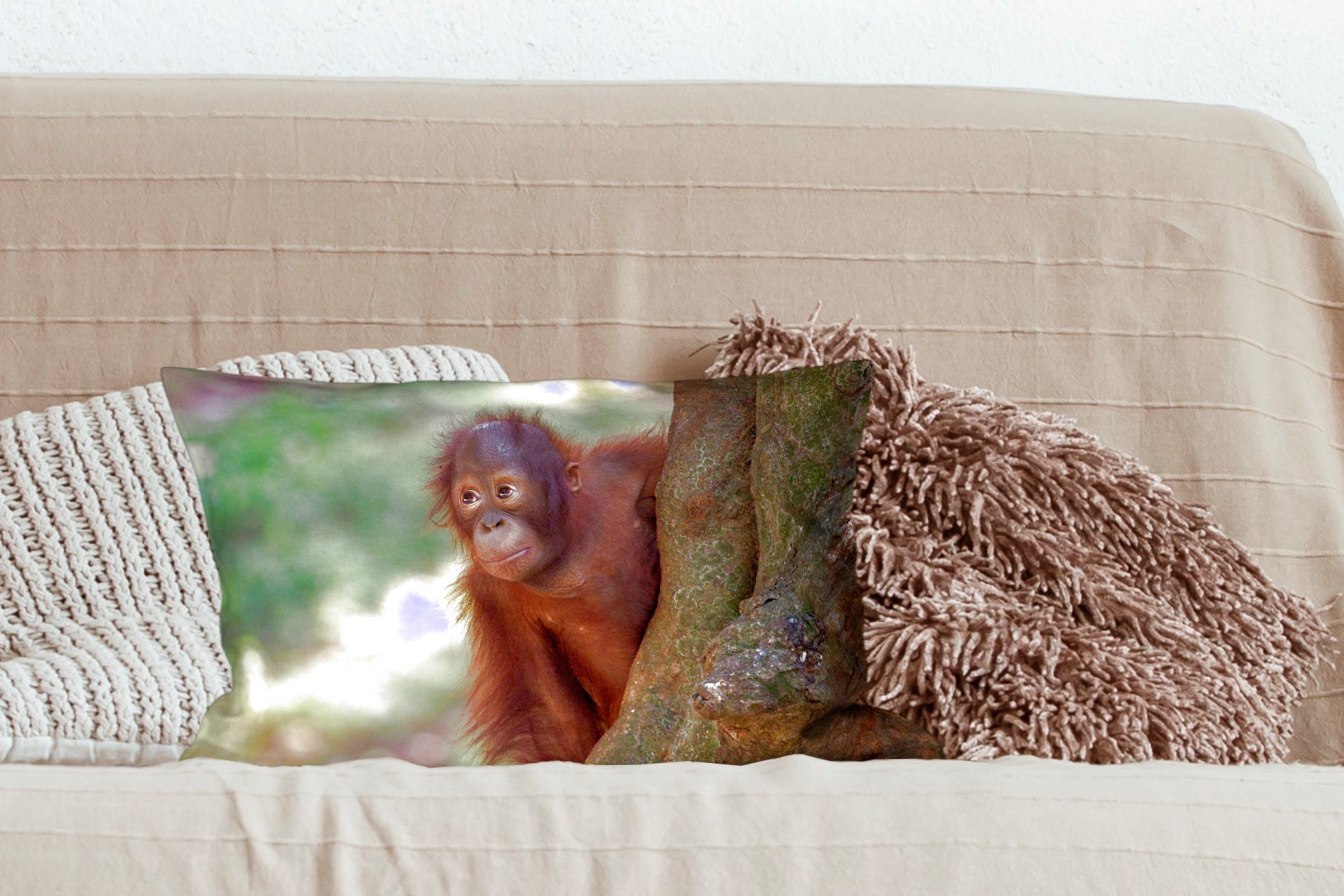 Schlafzimmer Dekokissen Dekoration, - - Wohzimmer mit Füllung, MuchoWow Baum, Zierkissen, Dekokissen Baby Orang-Utan