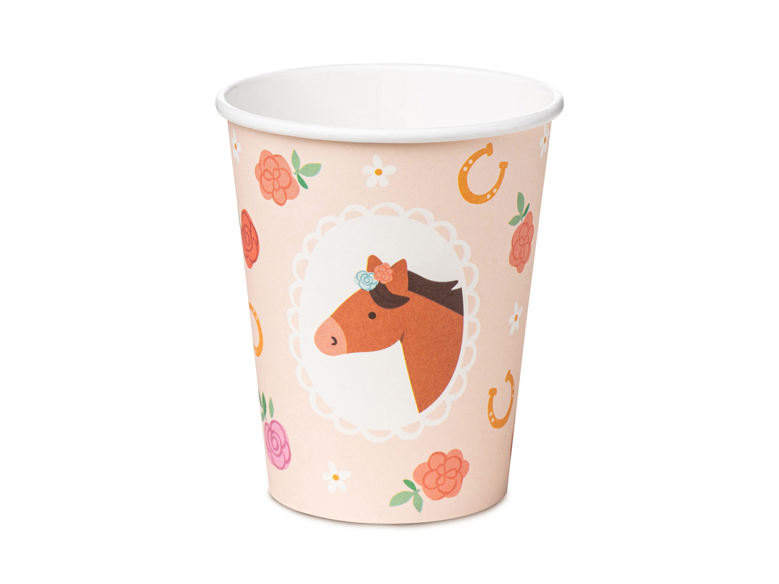 partydeco Becher, Papier, Pappbecher 220ml mit Pferd Motiv 6er Set Zartrosa