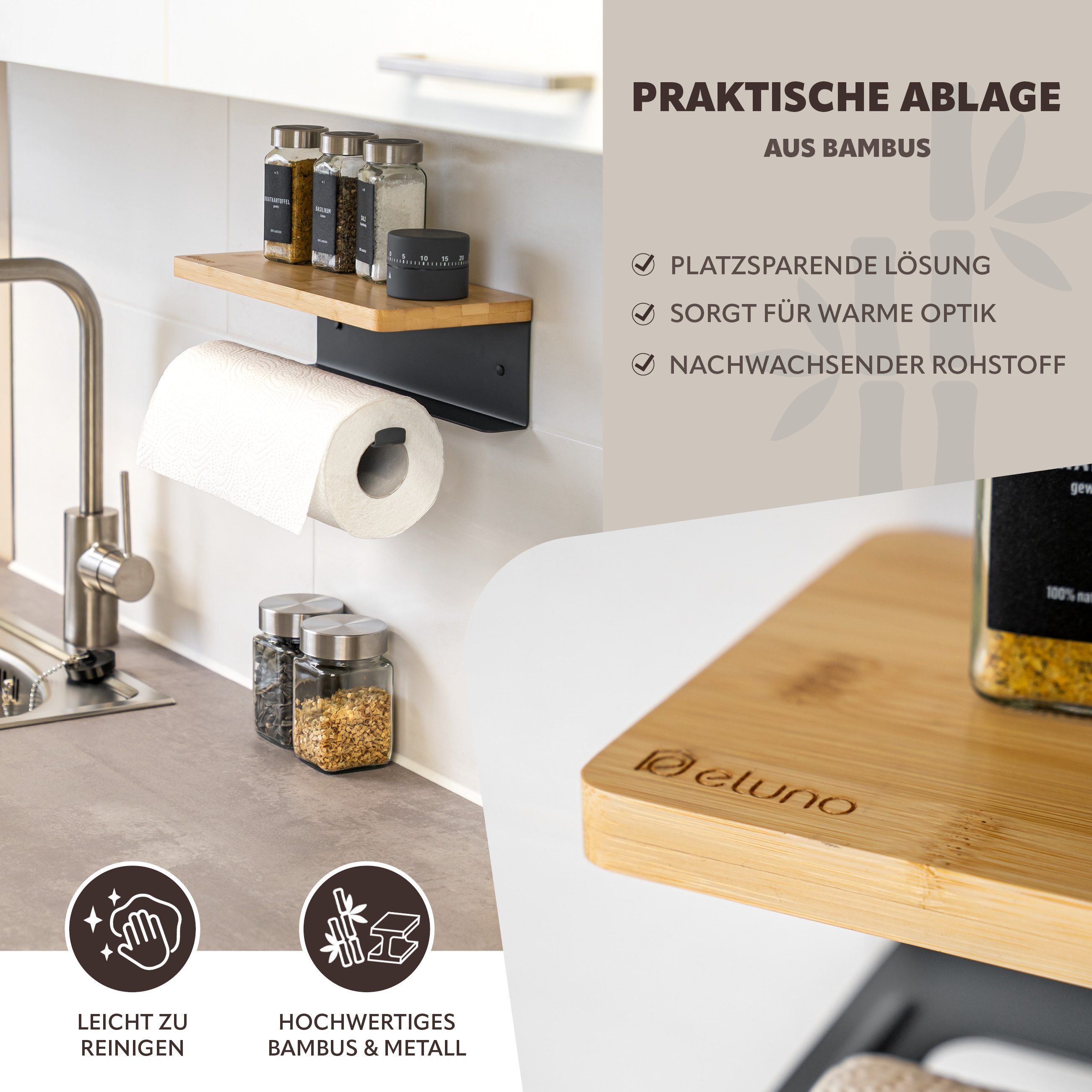 eluno Wandrollenhalter Küchenrollenhalter mit Bambusablage zur Wandmontage, (1-St., zum Kleben sowie Bohren), mit Bambusablage