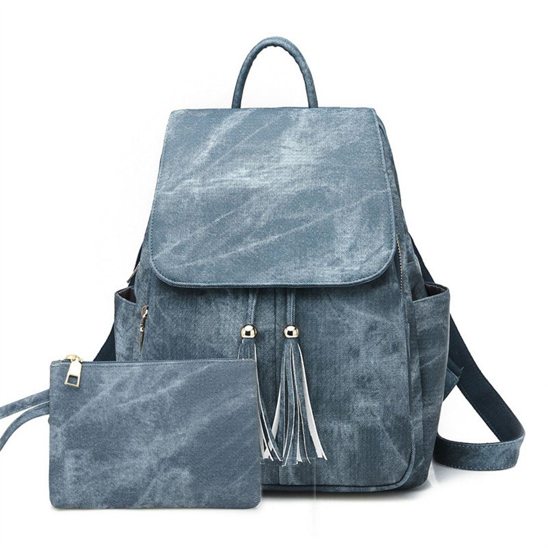 HNDSG Cityrucksack Damen Kunstleder Umhängetasche, Student Schoolbag Travel Backpack blau