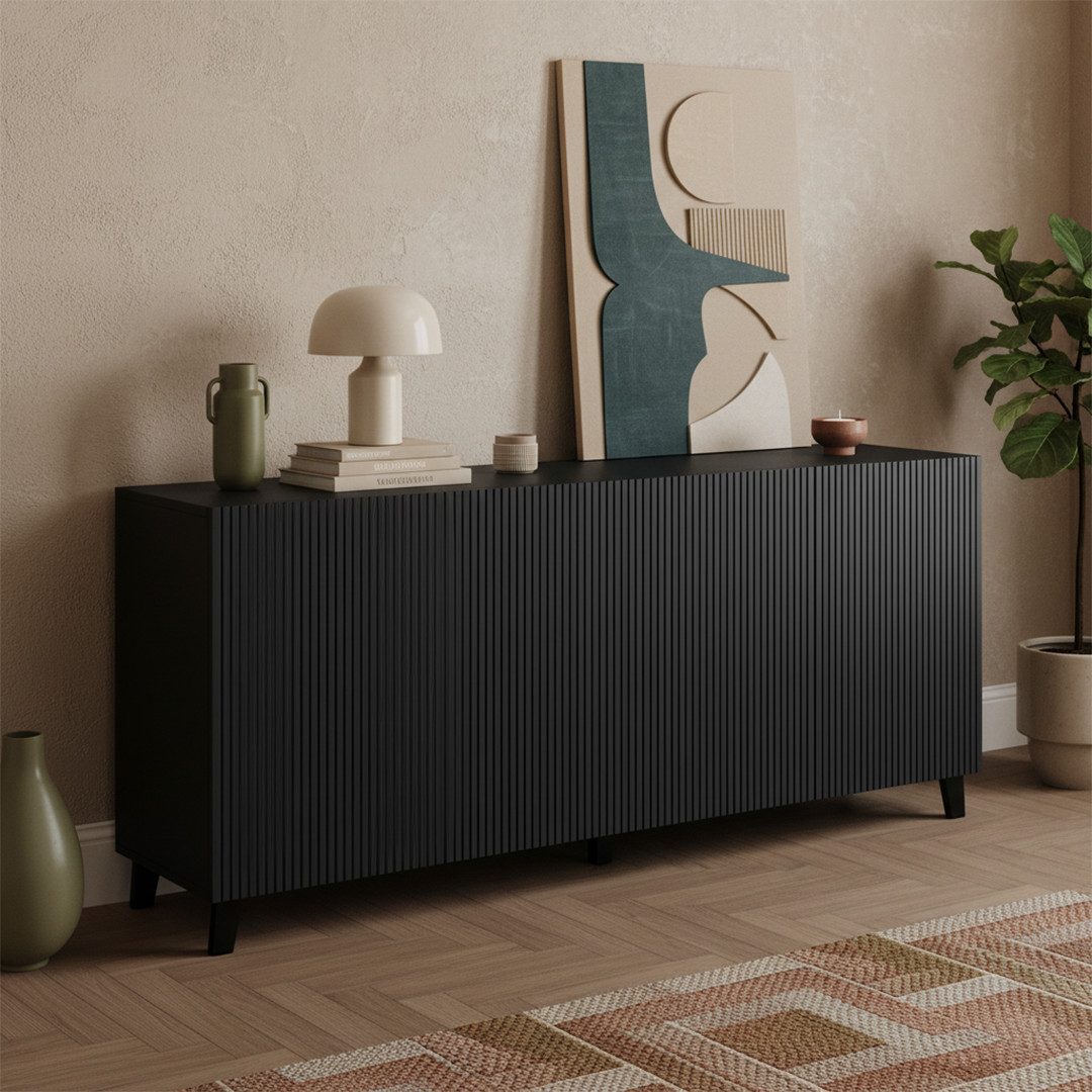Bellamio Kommode Tana aus Holz (mit 4 Türen, schwarz, 85x40x185 cm), Sideboard mit geriffelter Front, grifflos, mit 8 Fächern