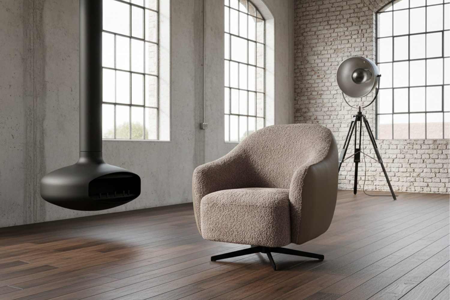 KAWOLA Drehsessel BRITTO Bequemer Bouclé Sessel – Drehbar, Bouclé vorn, Kunstleder hinten. 360° drehbar. Lounge-tauglich.