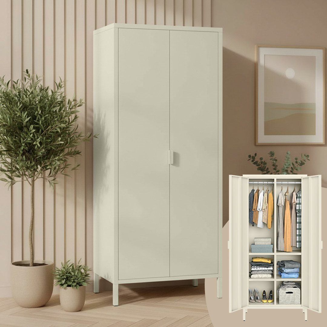 skølm Kleiderschrank Ituri aus Metall (Beige) Metallschrank mit 6 Fächern & 2 Kleiderstangen, 170x80x45 cm