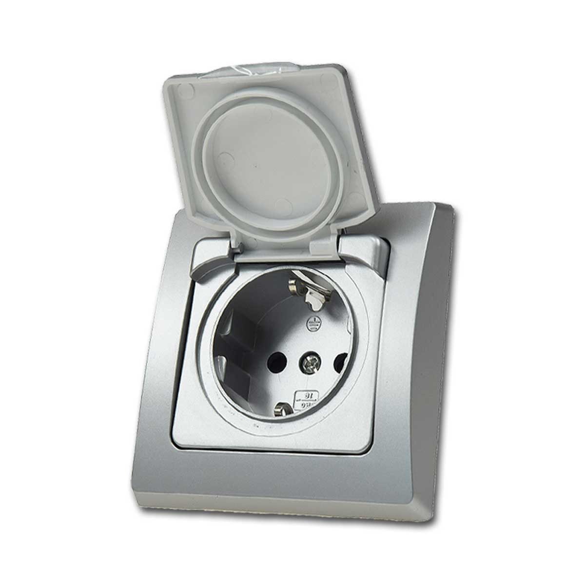 ChiliTec Unterputz-Steckdose DELPHI Steckdose IP44 Deckel 250V~/ 16A UP silber