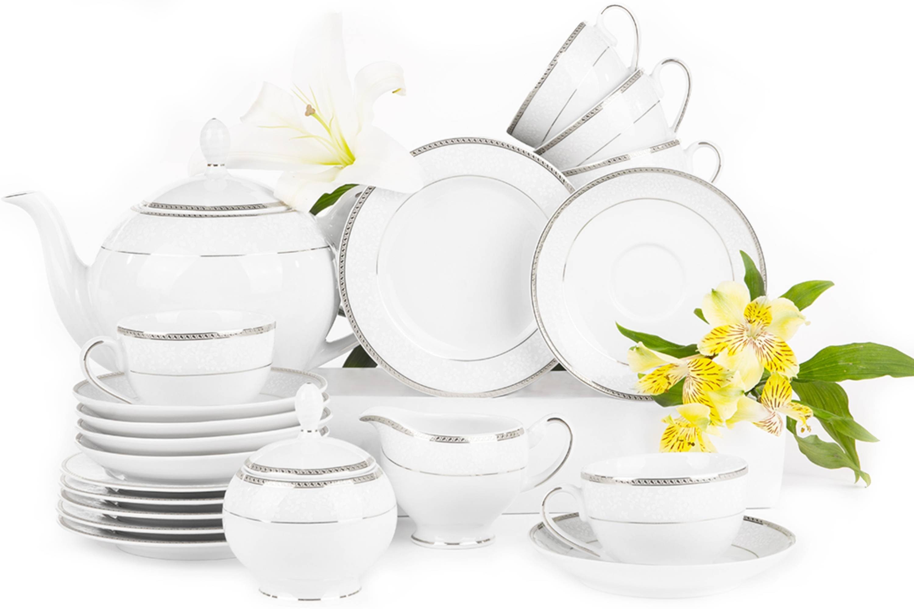 KONSIMO® Kaffeeservice NEW HOLLIS (21-tlg), 6 Personen, Porzellan, Tasse Untertasse Dessertteller Kaffeekanne Zuckerdose Milchkännchen