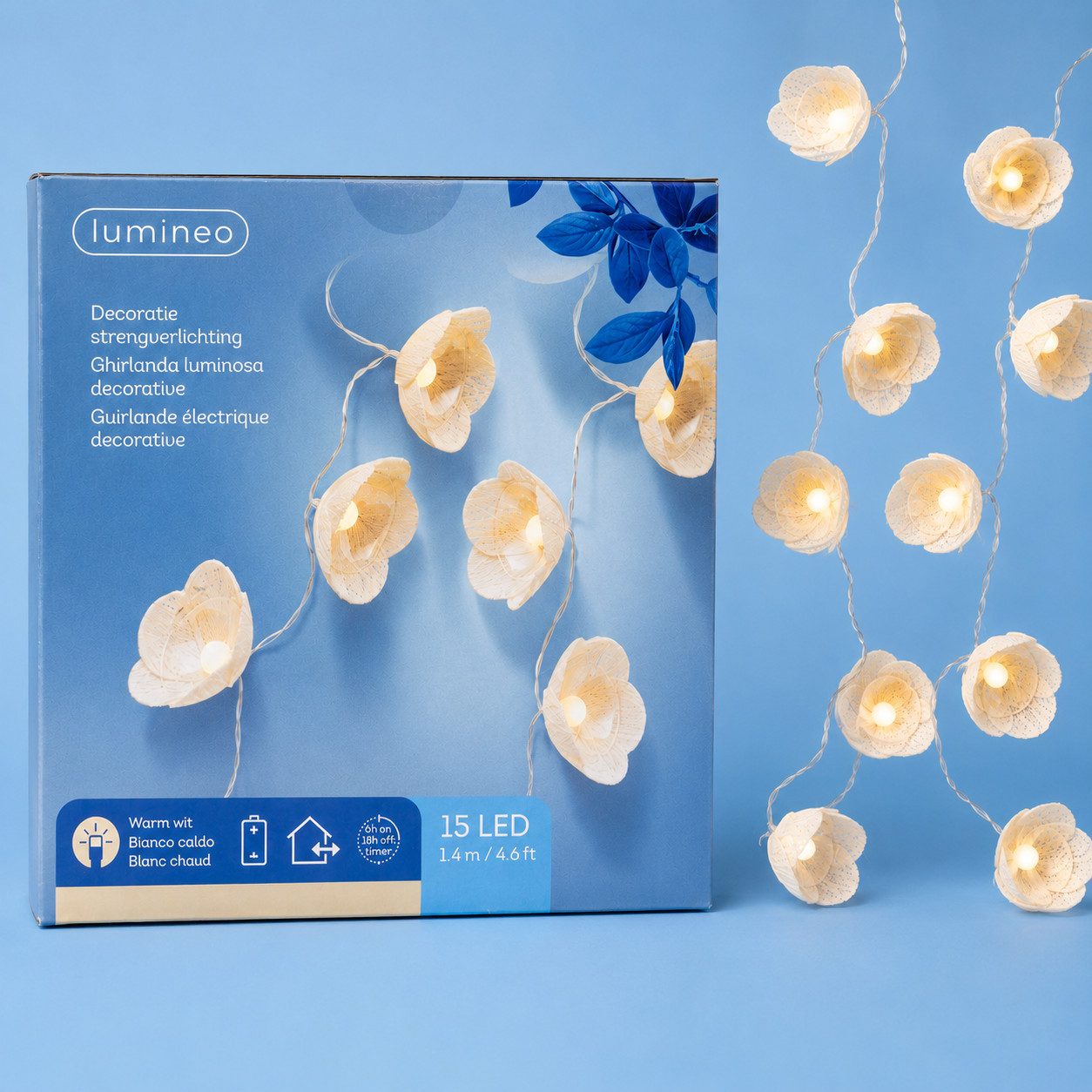 Lumineo LED-Lichterkette, LED Lichterkette Outdoor 1,4m Batterie 15 LEDs Blüten Creme / Warmweiß