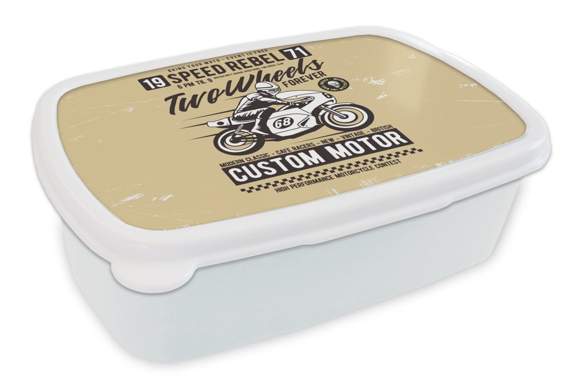 MuchoWow Lunchbox Motorrad - Vintage - Zeichnung - Zitat, Kunststoff, (2-tlg), Brotbox für Kinder und Erwachsene, Brotdose, für Jungs und Mädchen weiß