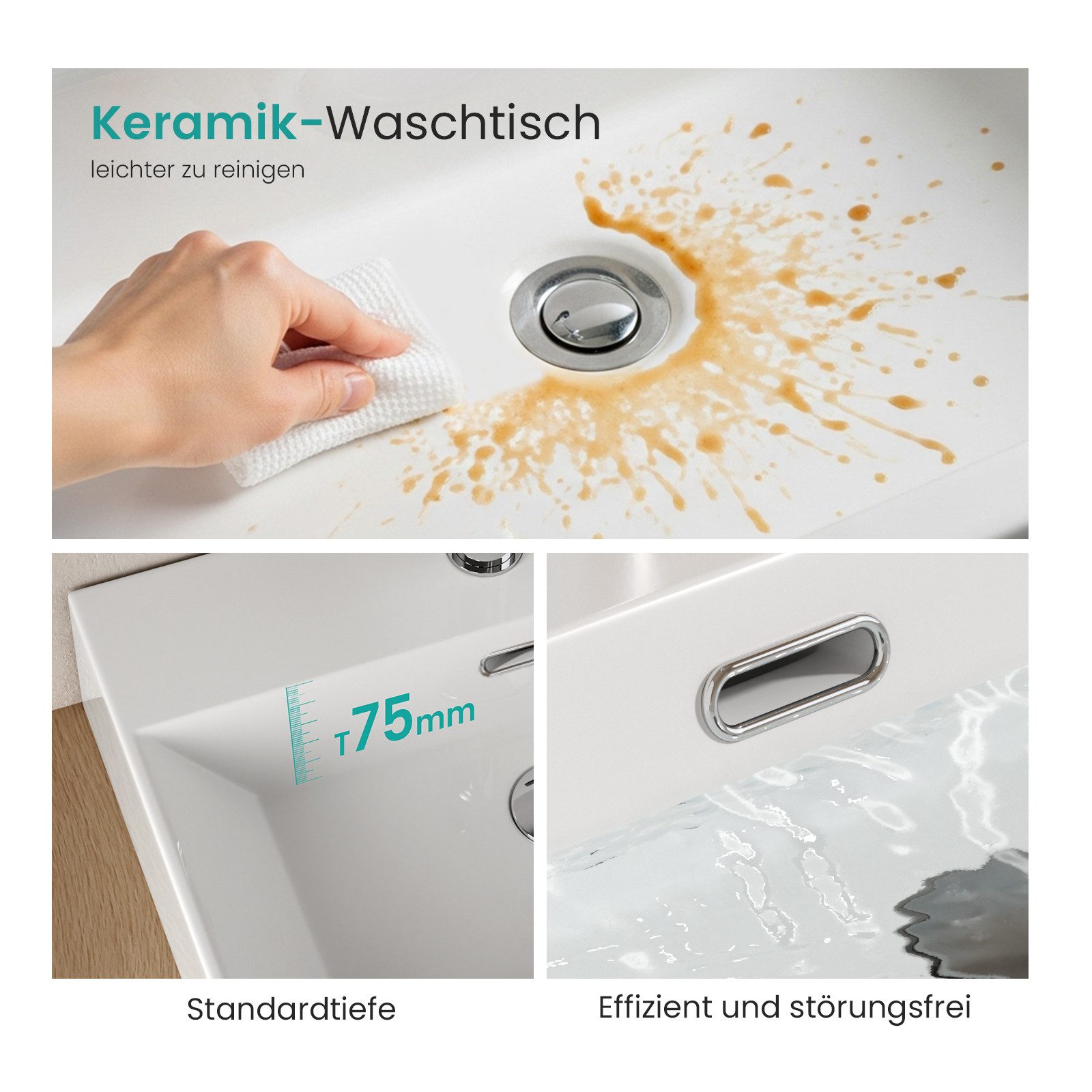 EMKE Aufsatzwaschbecken Keramik Waschtisch Eckiger Hängewaschbecken für Badezimmer/Gäste-WC (Packung, Mit Hahnloch),Leicht zu reinigen, mit Nano Beschichtung( 6 – Bild 4 von 5