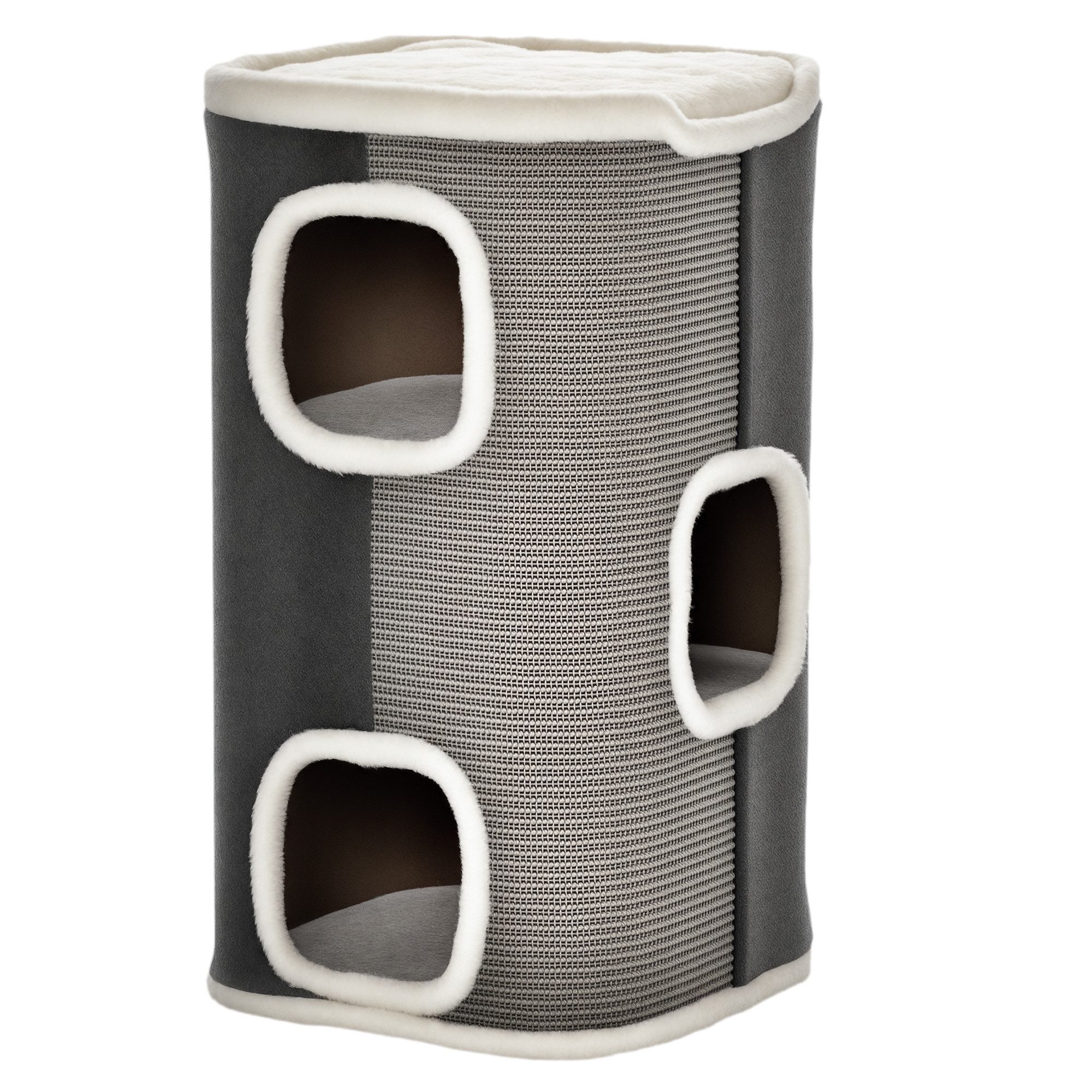 PawHut Kratztonne für Katzen 3 Ebenen Kletterbaum Spanplatte Polyester, (Katzenmöbel, 1-tlg., Kletterbaum), Grau+Weiß, 40 x 40 x 74 cm